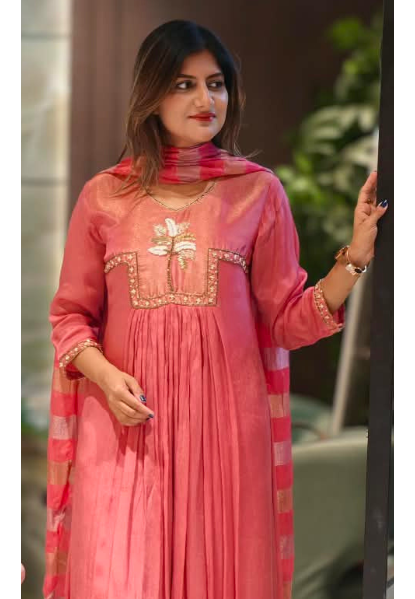 Ghoomar Palm Inspired Embroidered Yoke Chinon Matching Anarkali Full Suit Set With Dupatta- 15235