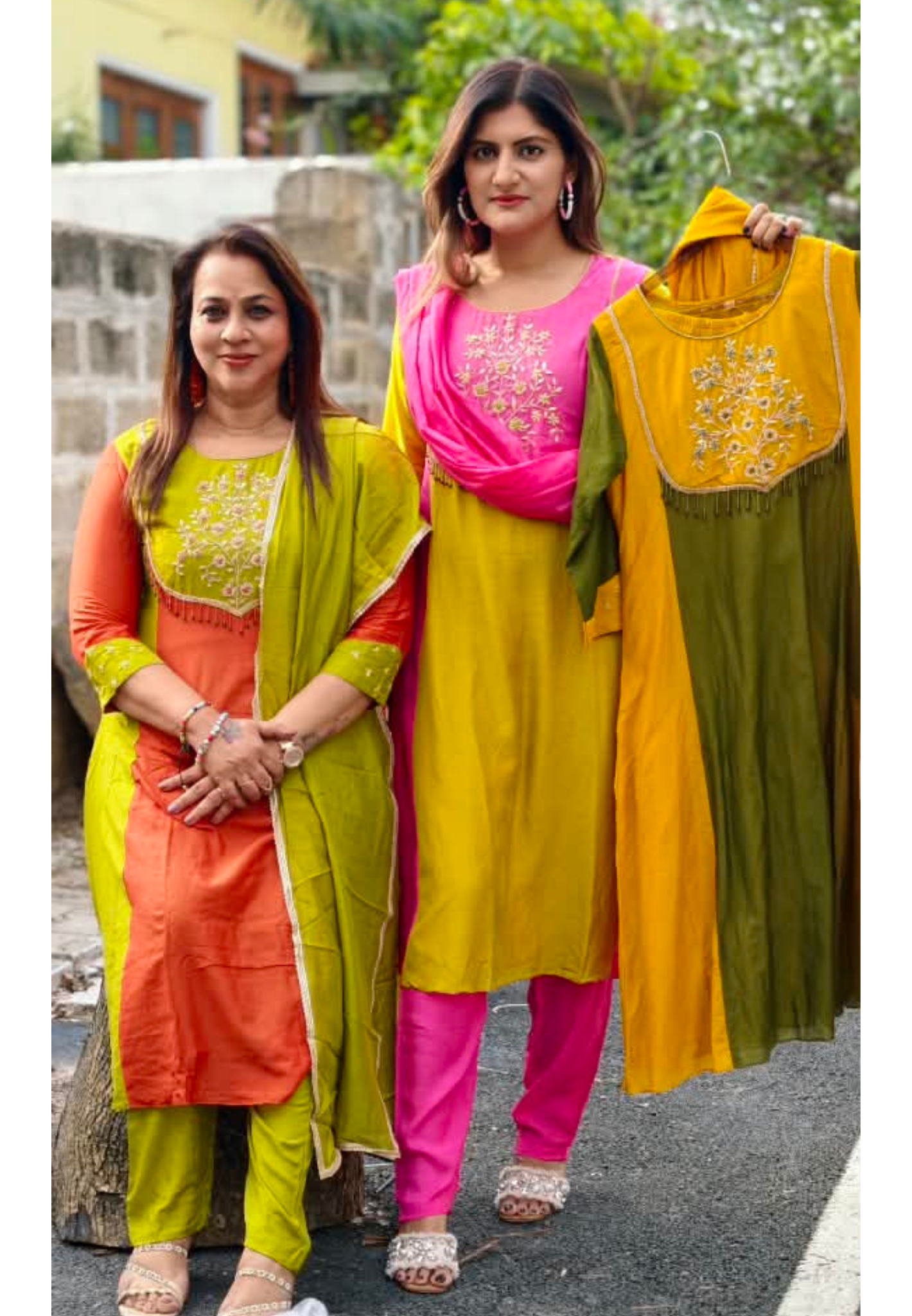Vibrant Dual Tone Minimal Yoke Embroidered Panel A-Line Full Suit Set With Dupatta In Mul-Chanderi Fabric- 16083