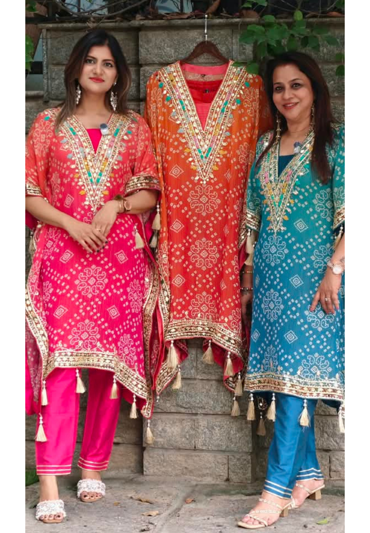 Tassel Detailing Bandhani Printed Kaftan Kurta Set With Straight Bottom and Gota Patti & Mirror Work- 16079