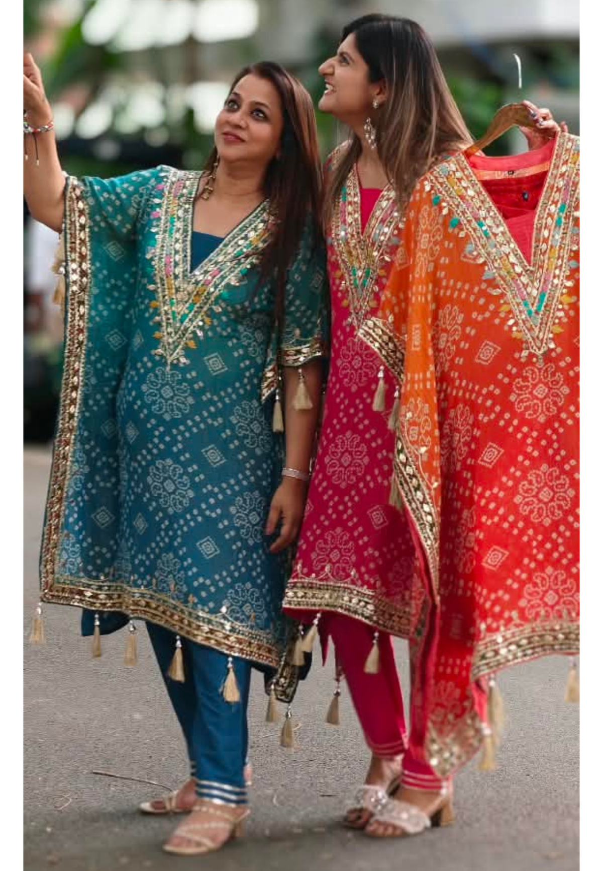 Tassel Detailing Bandhani Printed Kaftan Kurta Set With Straight Bottom and Gota Patti & Mirror Work- 16079