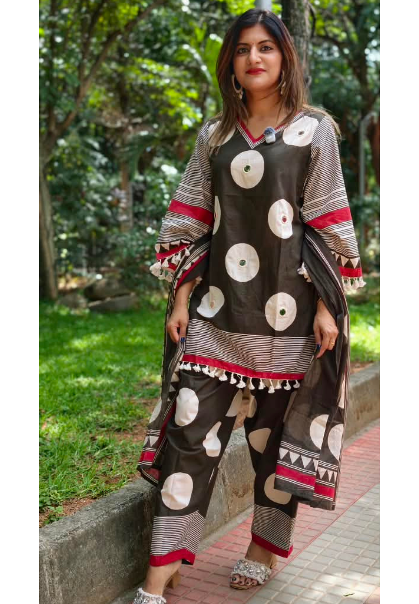 Giant Polka Geometric Prints Tassel Accent Foil Mirror Touch Boho Full Suit Set With Dupatta- 15681