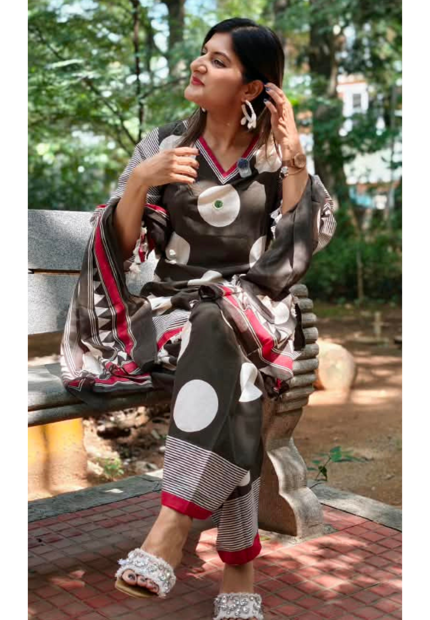Giant Polka Geometric Prints Tassel Accent Foil Mirror Touch Boho Full Suit Set With Dupatta- 15681