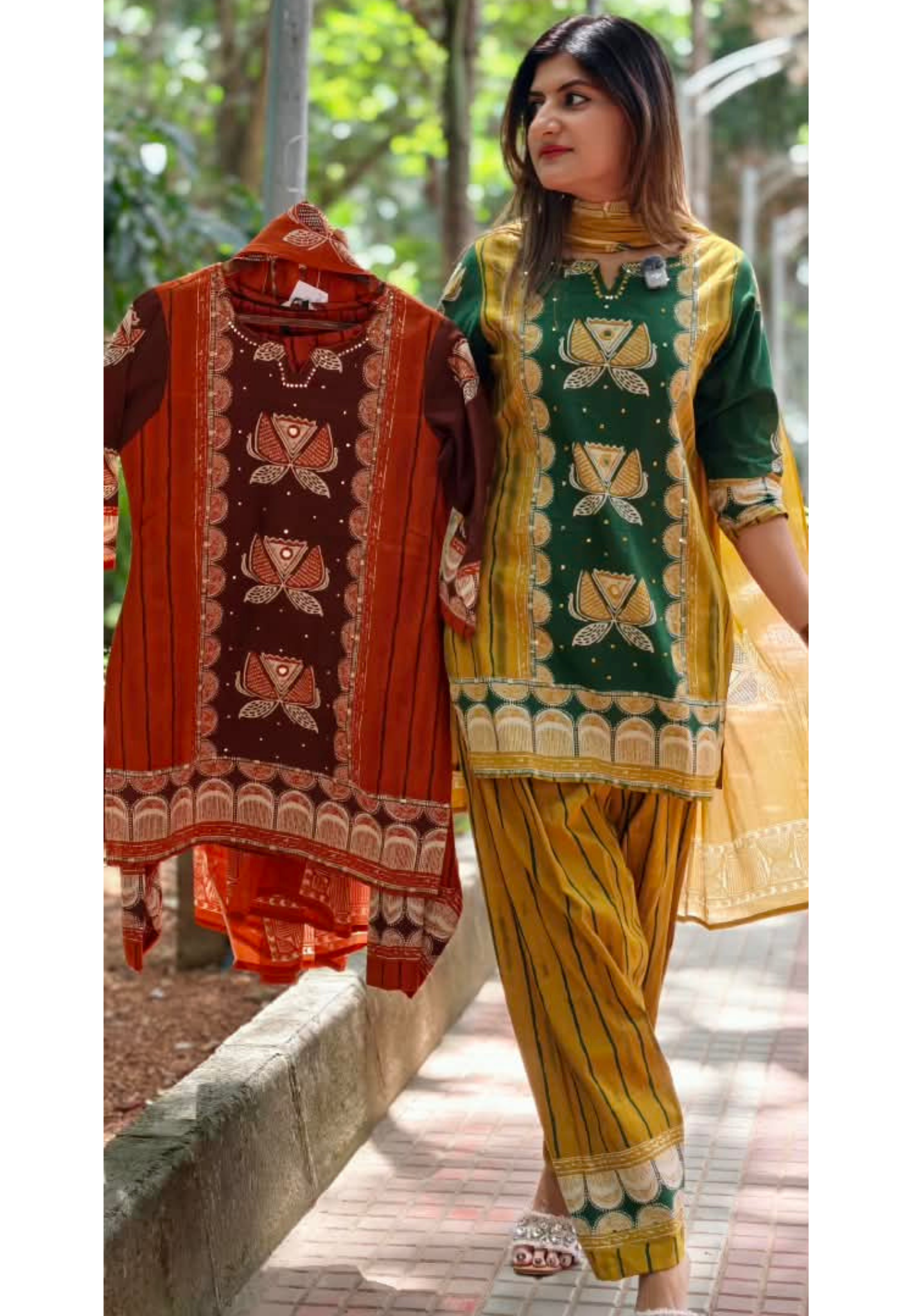 Heritage Floral Lotus Designer Cotton Kurti Pant with Dupatta Premium Suit Set –15680