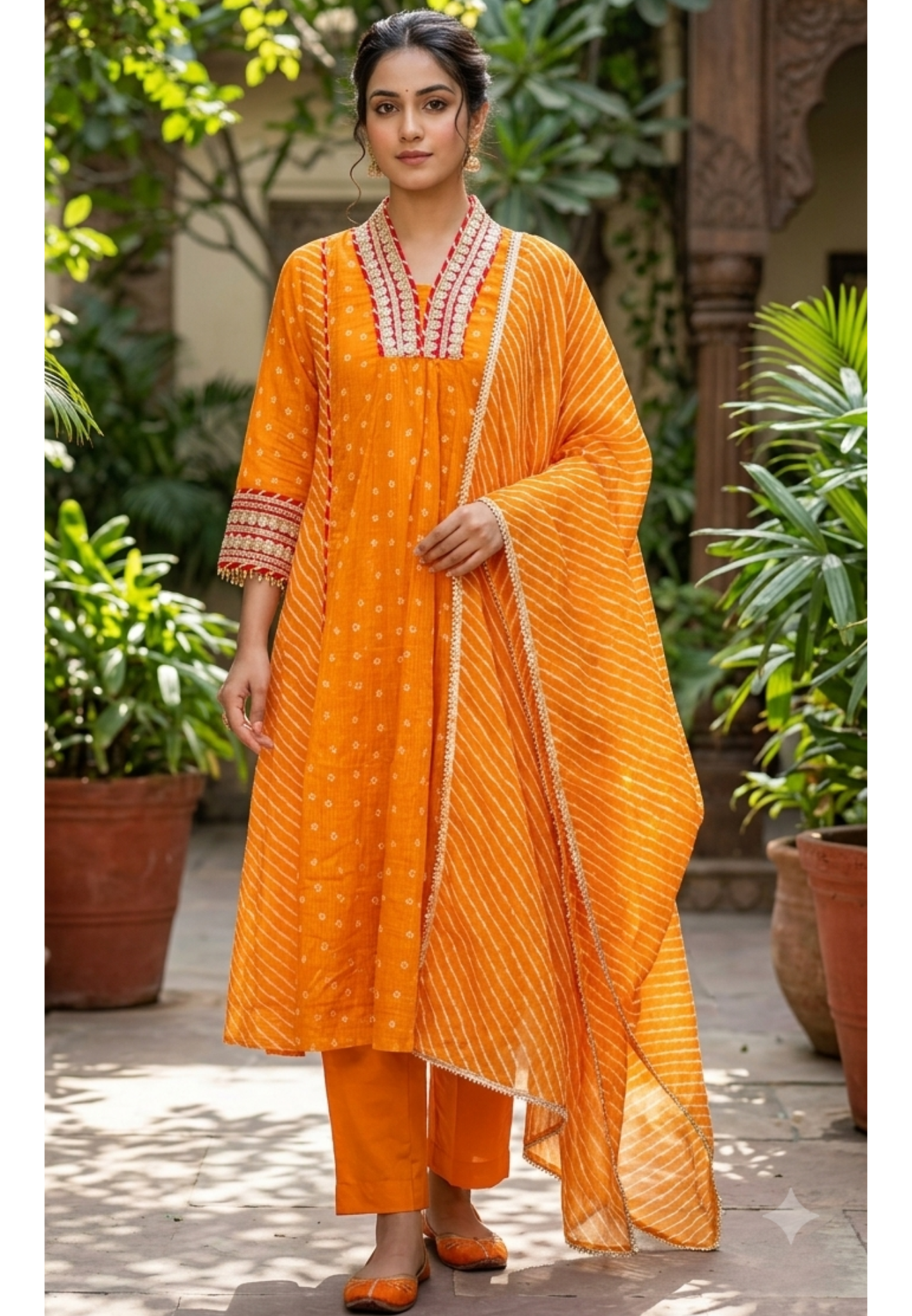 Blunt Orange With Golden Zardosi Red Highlights Kota Doria A-Line Full Suit Set With Dupatta- 16099