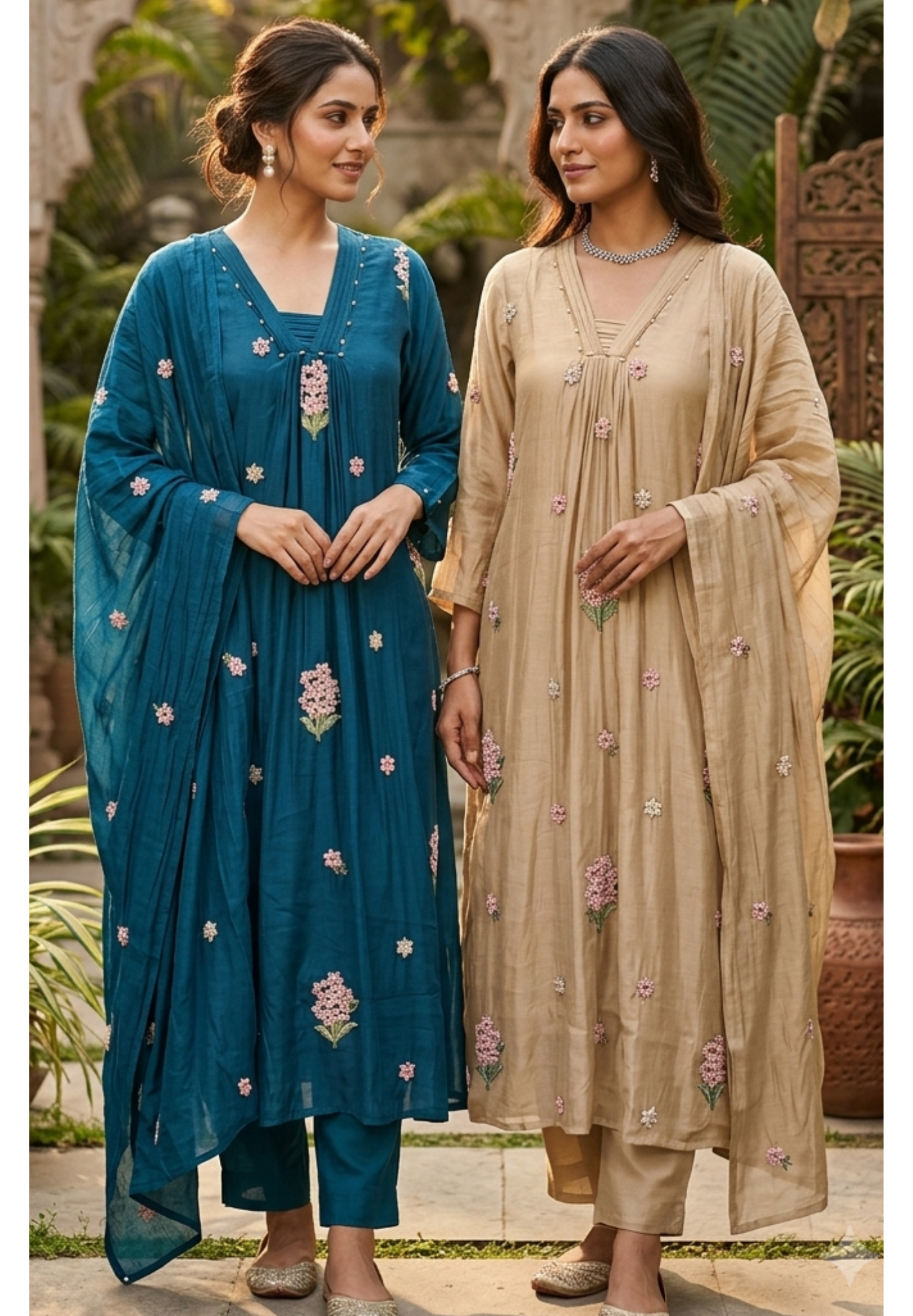 Very Suttle Cute Floral Cut-Dana Embroideries Pleated A-Line Surat Mul-Chanderi Full Suit Set With Dupatta- 16037