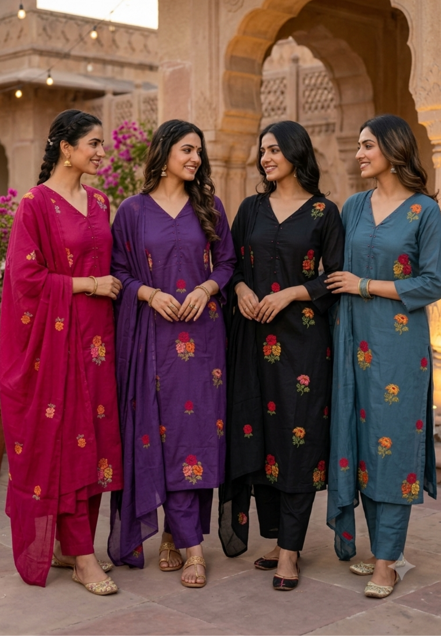 Cross-Stitch Abstract Floral Embroidery Straigth Cotton Full Suit Set With Dupatta- 16093