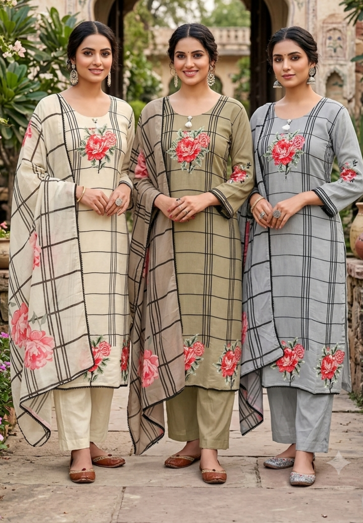 Fine Vibrant Floral Embroidery Checks Surat Mul-Chanderi Straight Full Suit Set With Dupatta- 16098