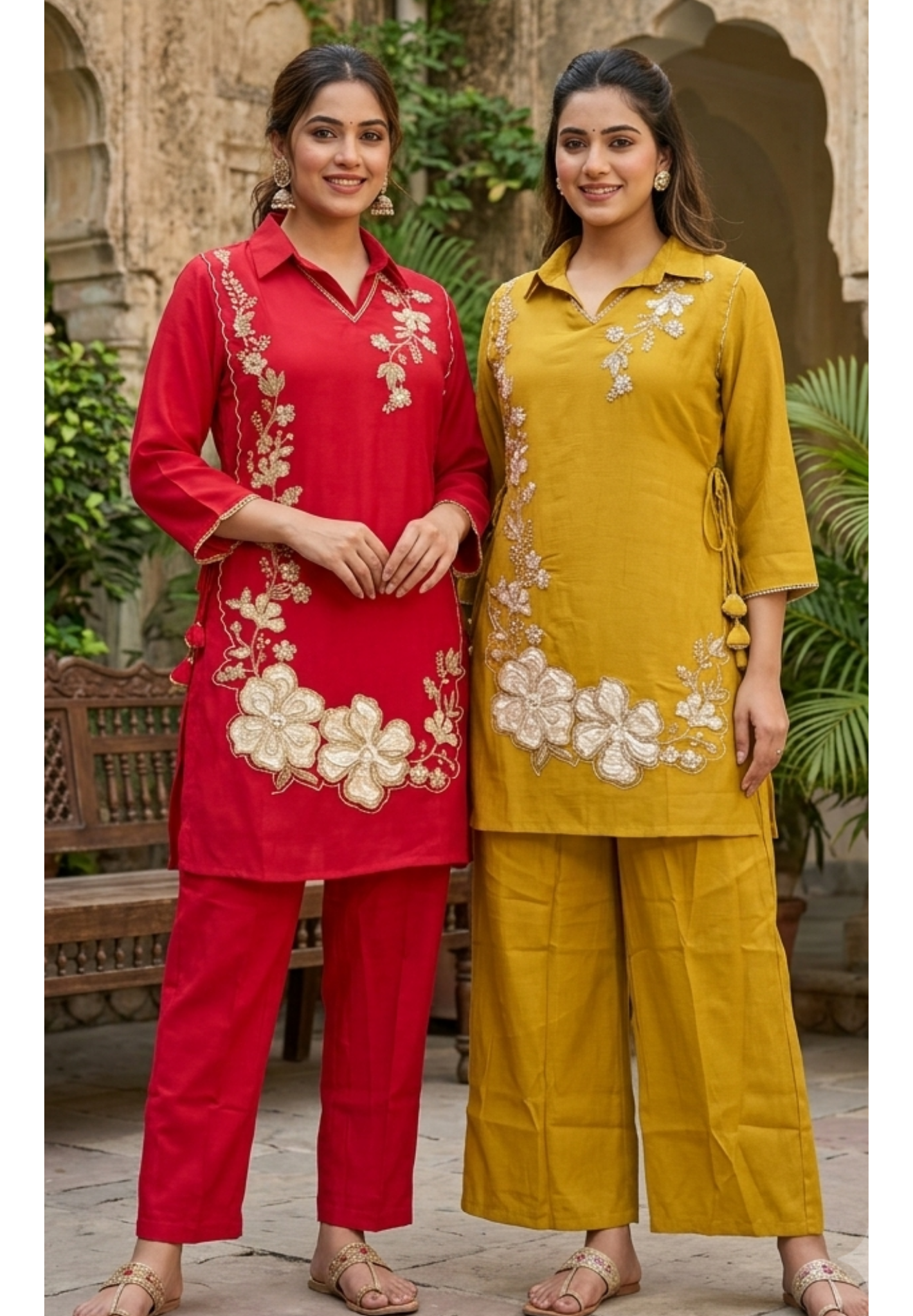 Elegant Embroidery Work Overlay Solid Collared Co-Ord Set In Surat Mul-Chanderi Fabric- 16080