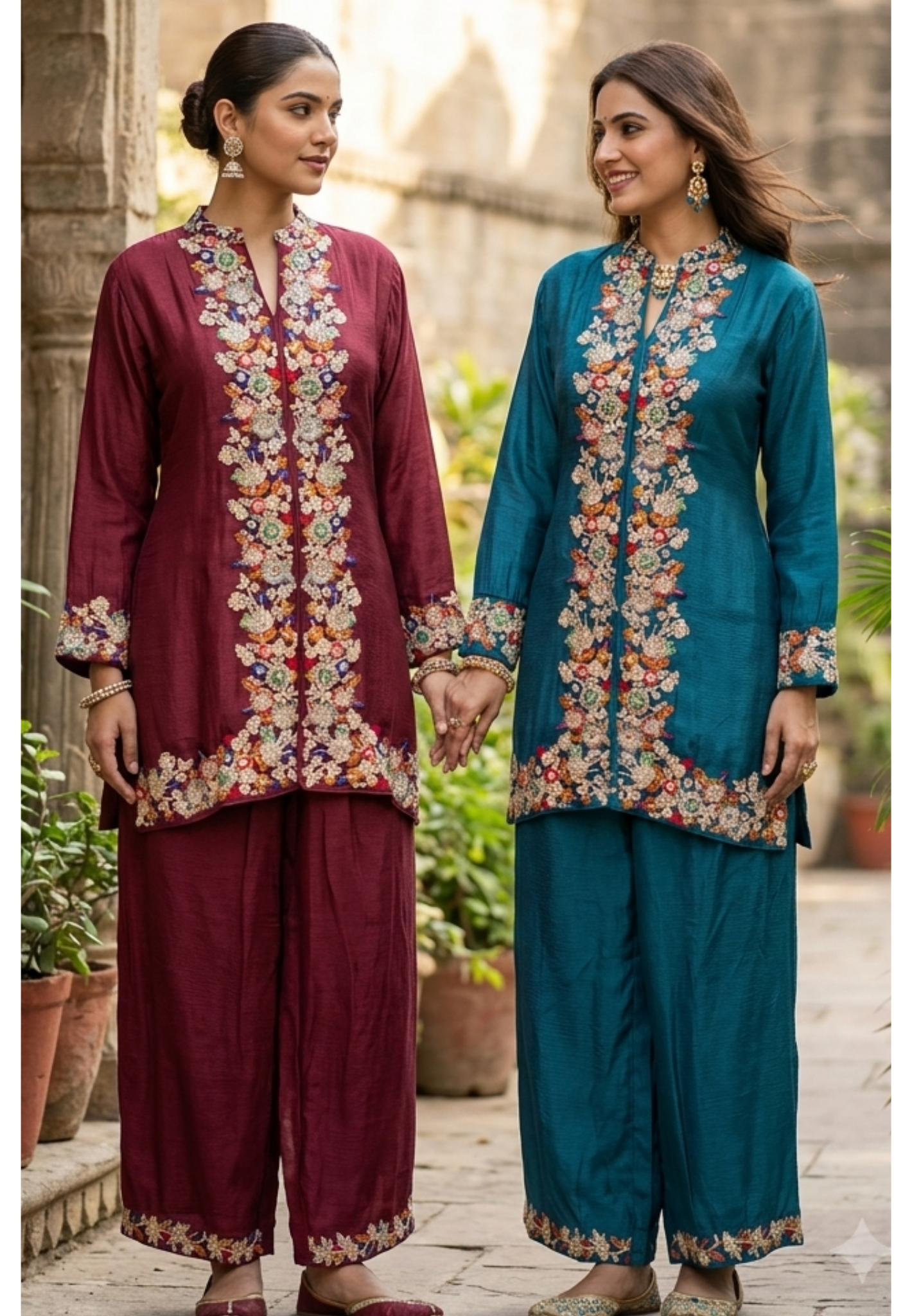 Bhomeian Bold Shade Intricate Embroidery Vibrant Chinon Co-Ord Set- 15243