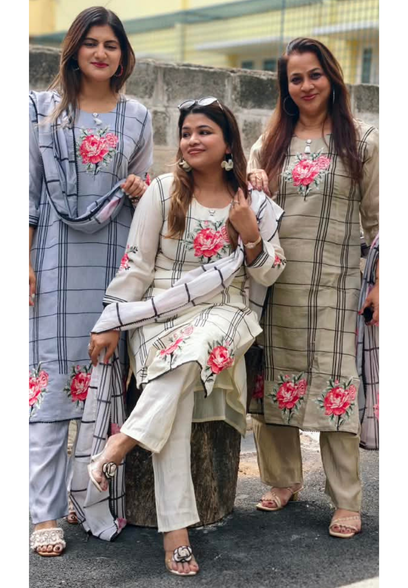 Fine Vibrant Floral Embroidery Checks Surat Mul-Chanderi Straight Full Suit Set With Dupatta- 16098