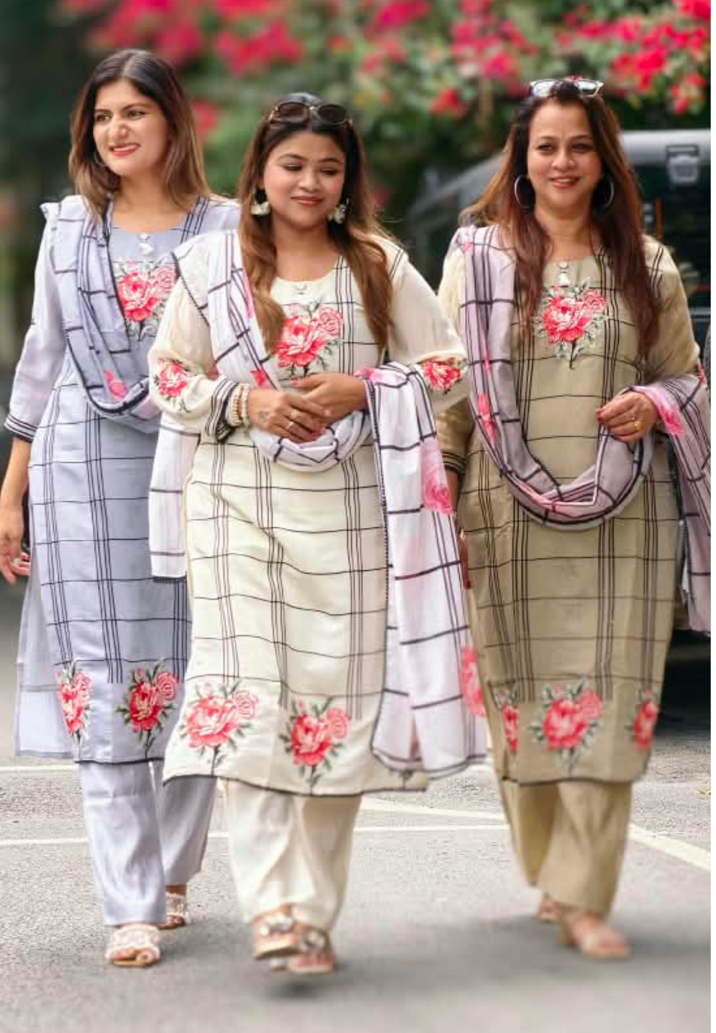 Fine Vibrant Floral Embroidery Checks Surat Mul-Chanderi Straight Full Suit Set With Dupatta- 16098