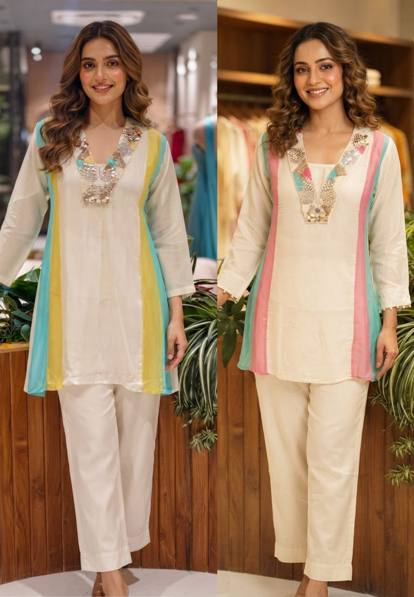 Handcrafted Neck Embroidery Royal Pastel Multicolor Panelled Kurta Pant With Inner- 15850