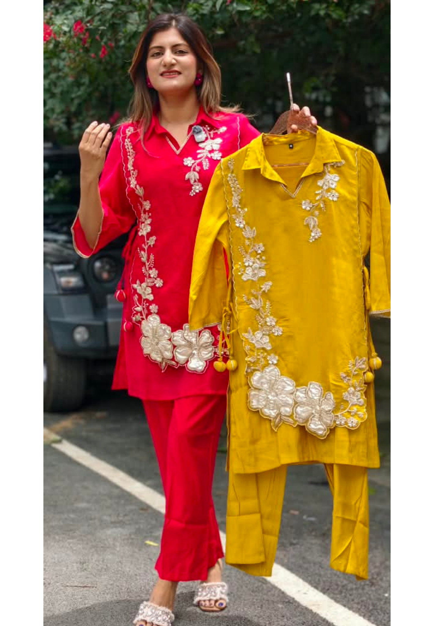 Elegant Embroidery Work Overlay Solid Collared Co-Ord Set In Mul-Chanderi Fabric- 16080