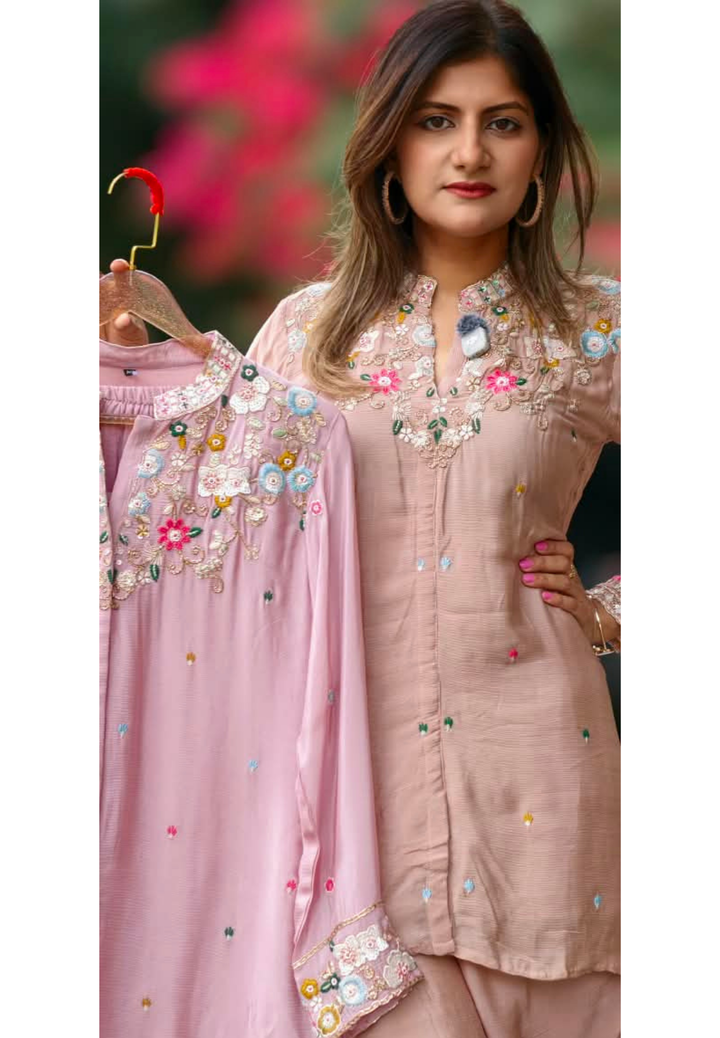 Multicolor Vibrant Floral Intricate Embroidery Light Shade Chinon Co-Ord Set- 15244