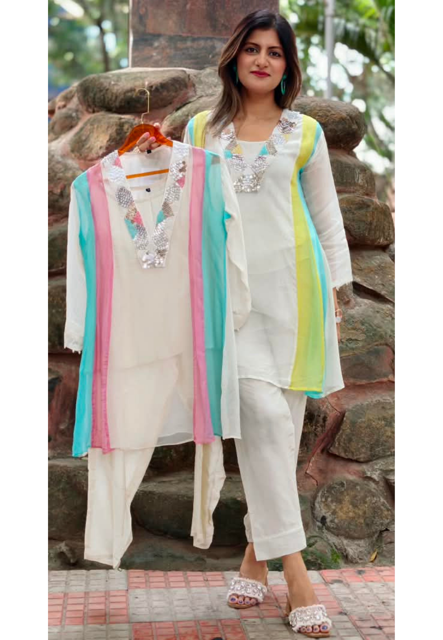 Handcrafted Neck Embroidery Royal Pastel Multicolor Panelled Kurta Pant With Inner- 15850
