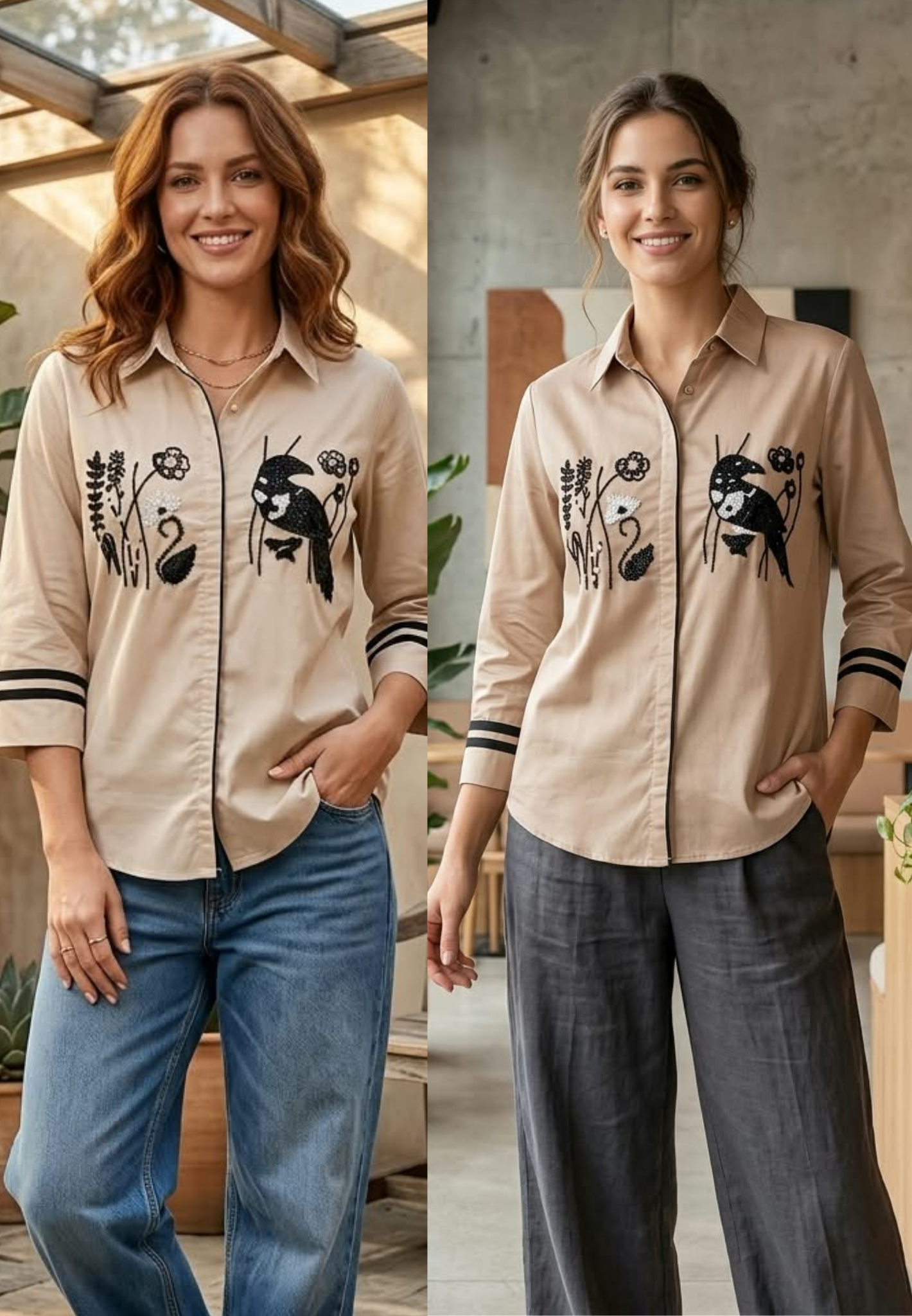 Dusty Rose Pink Collared Button-Down High-Low Tunic with Black Embroidered Bird & Botanical Chest Motifs- 16118