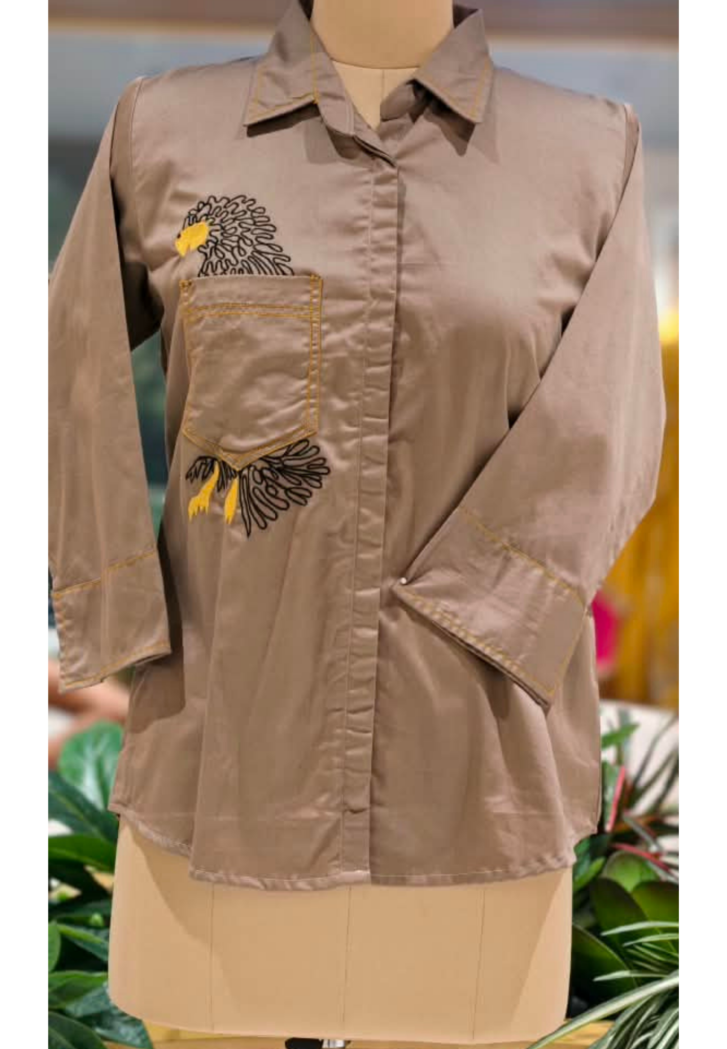 Taupe Mocha Brown Collared Button-Down Tunic Shirt with Embroidered Eagle Chest Pocket Detail- 16119
