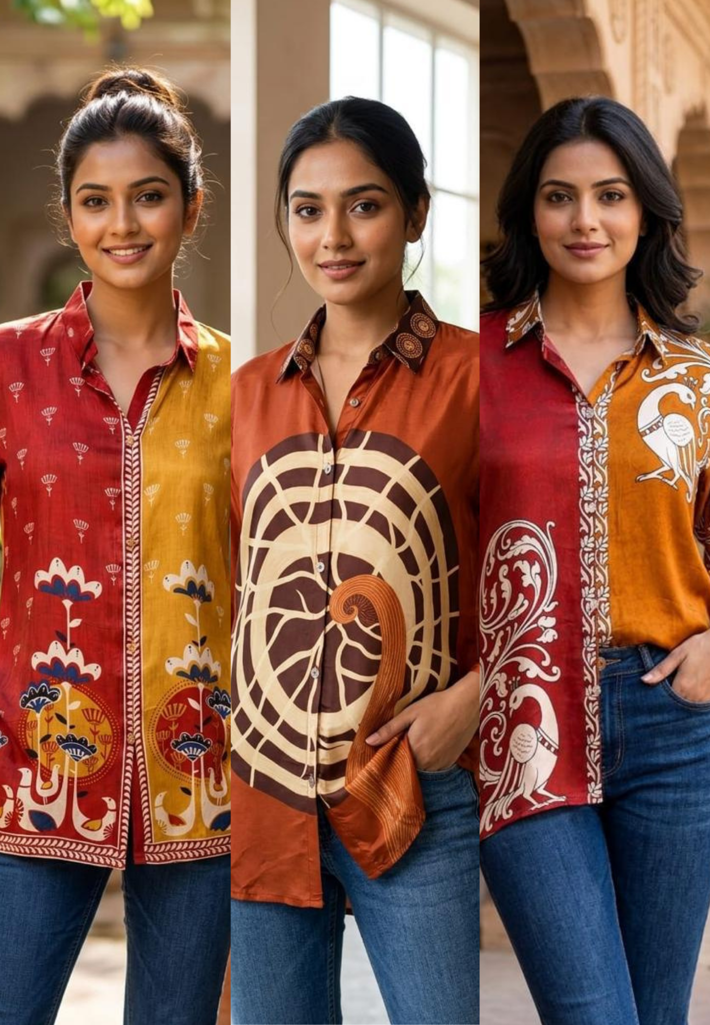 Artisnal Figure & Floral Prints Flowy Crepe Casual Shirts- 15789
