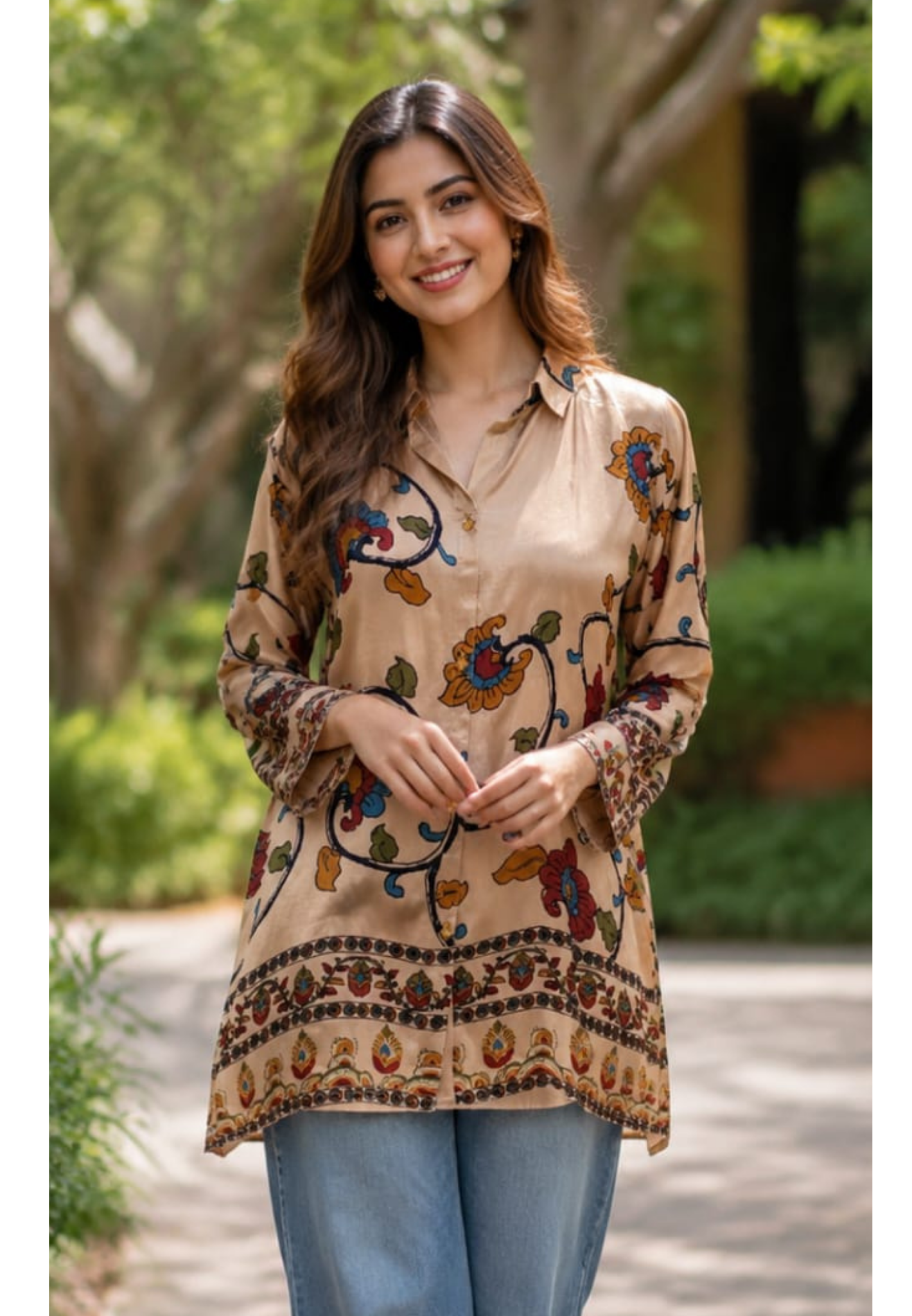 Floral Vine Branch Prints Beige Base Flowy Crepe Shirt- 15434