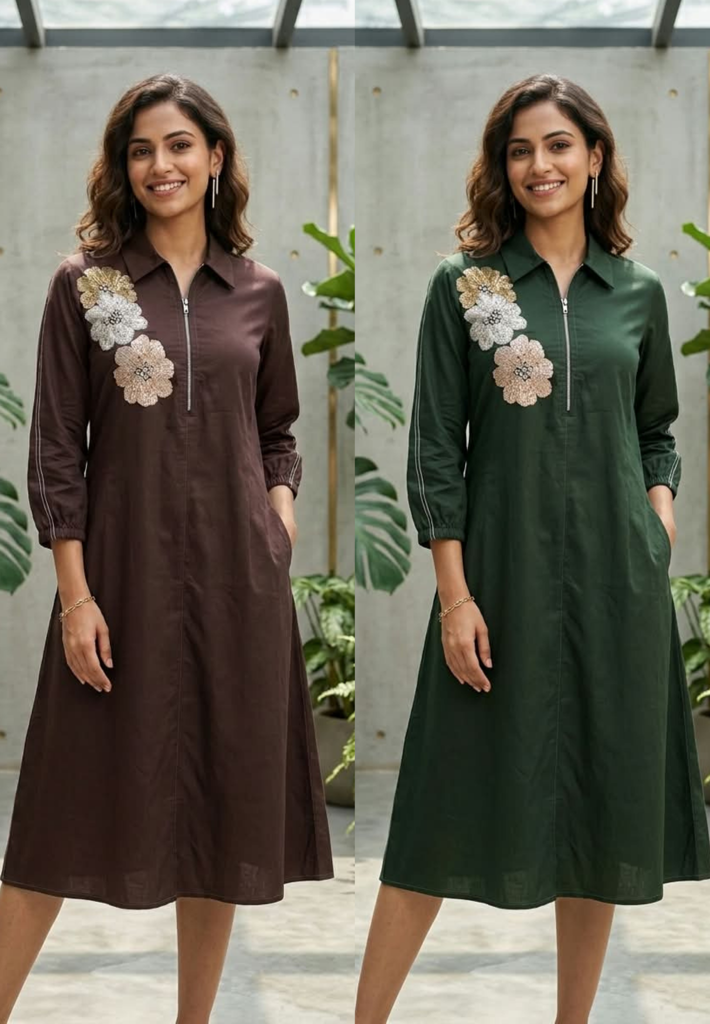 Dark Brown & Green Collared Long Tunic Dress with Metallic Sequined Floral Appliqué and Front Zipper- 16113