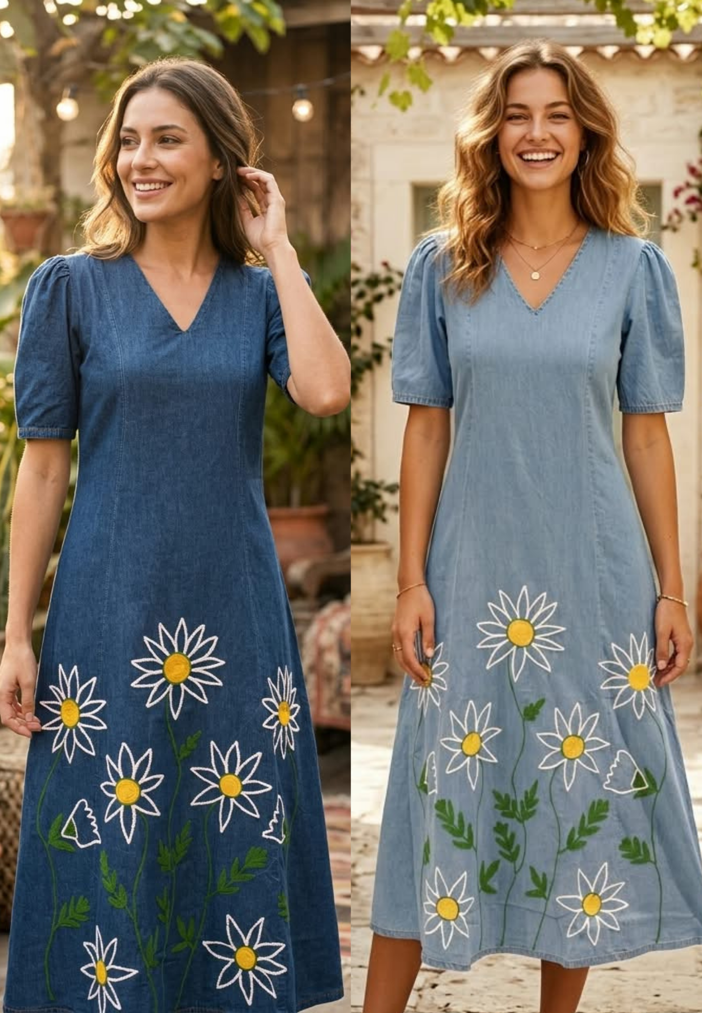 Giant Graceful Mustard Floral Embroidered Denim Frock With Puff Sleeve- 16021