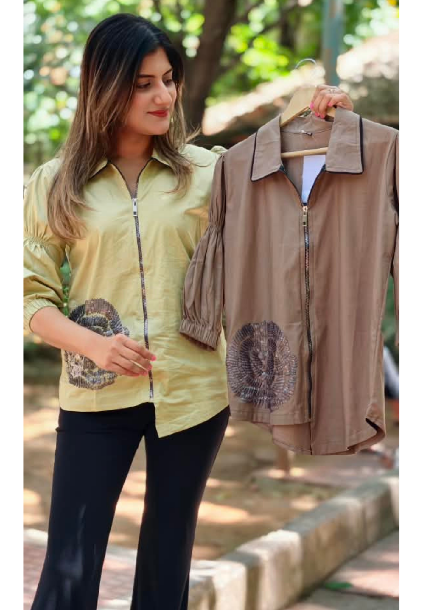Stylish Full-Zip Collared Tunic Top with Contrast Black Piping Trim & Spiral Embroidered Hem- 16116