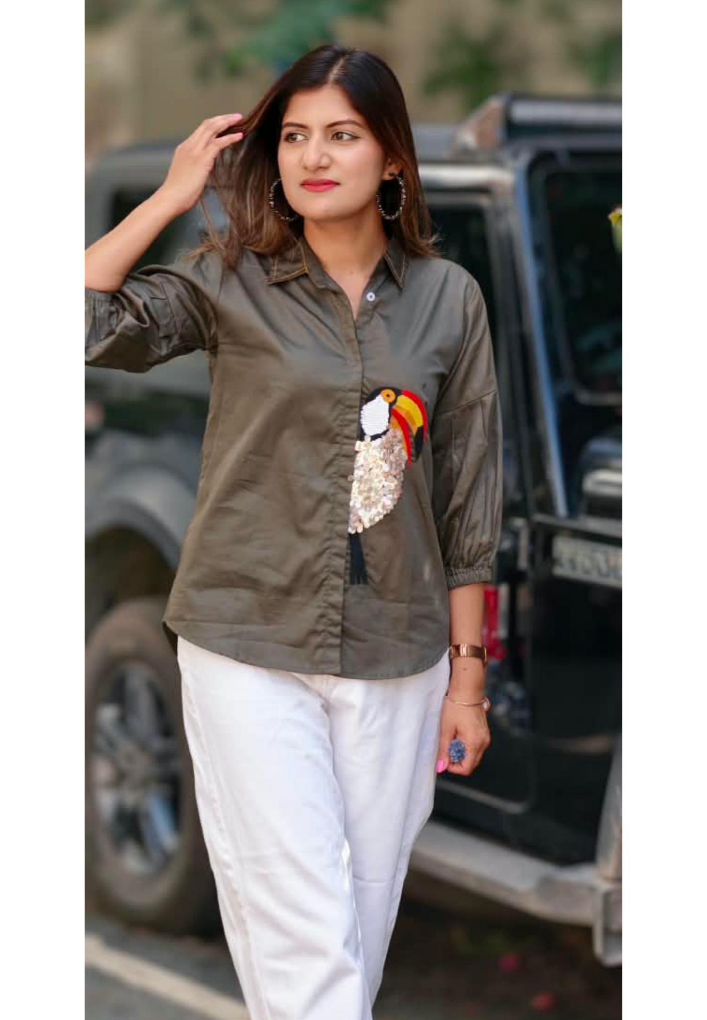 Collared Button-Down Shirt featuring Sequined Toucan Bird Motif Patch & Gathered Balloon Sleeves- 16115