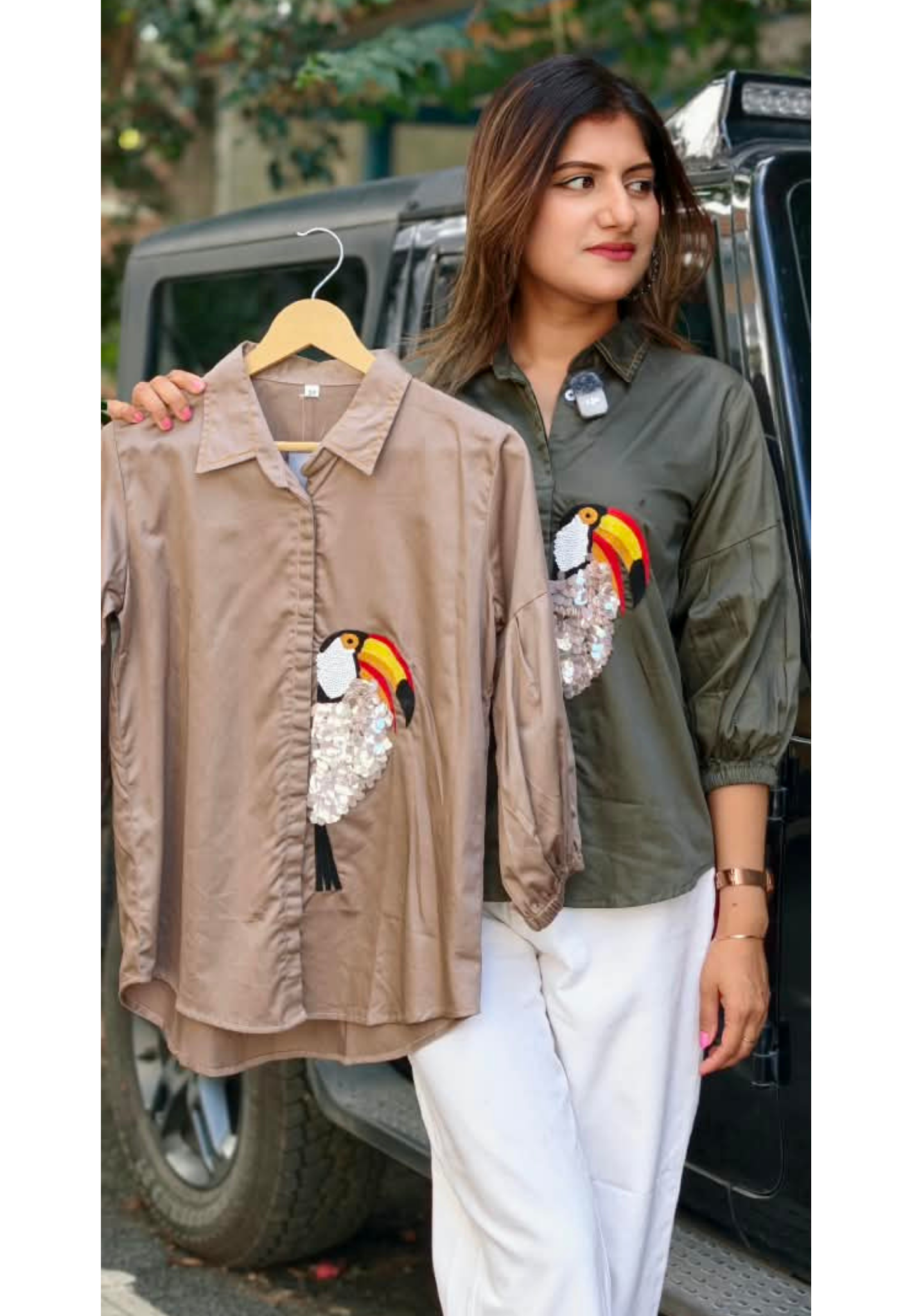 Collared Button-Down Shirt featuring Sequined Toucan Bird Motif Patch & Gathered Balloon Sleeves- 16115