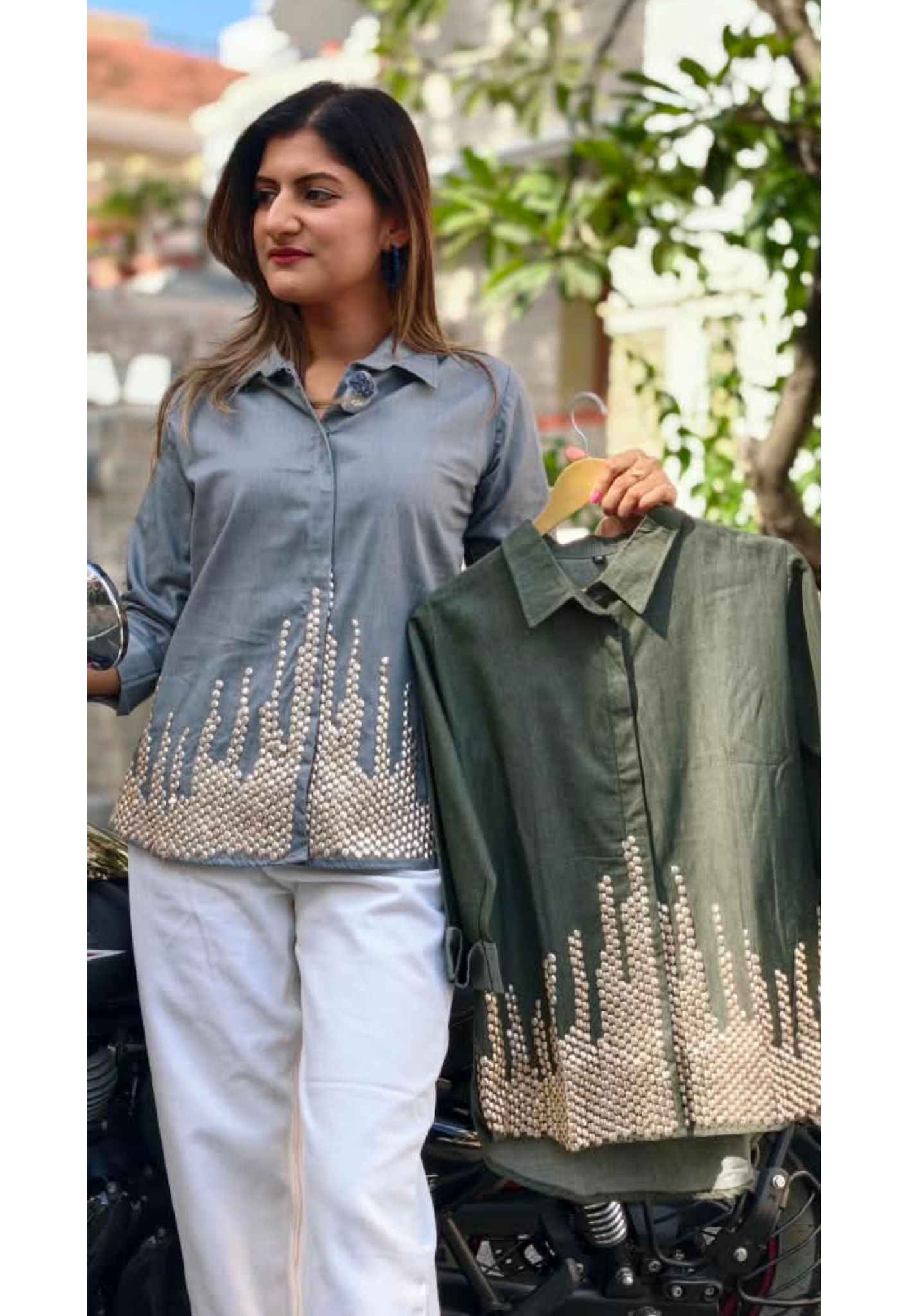 Green Grey Collared High-Low Tunic Top with Metallic Gold Bead & Stud Embellished Hem- 16114