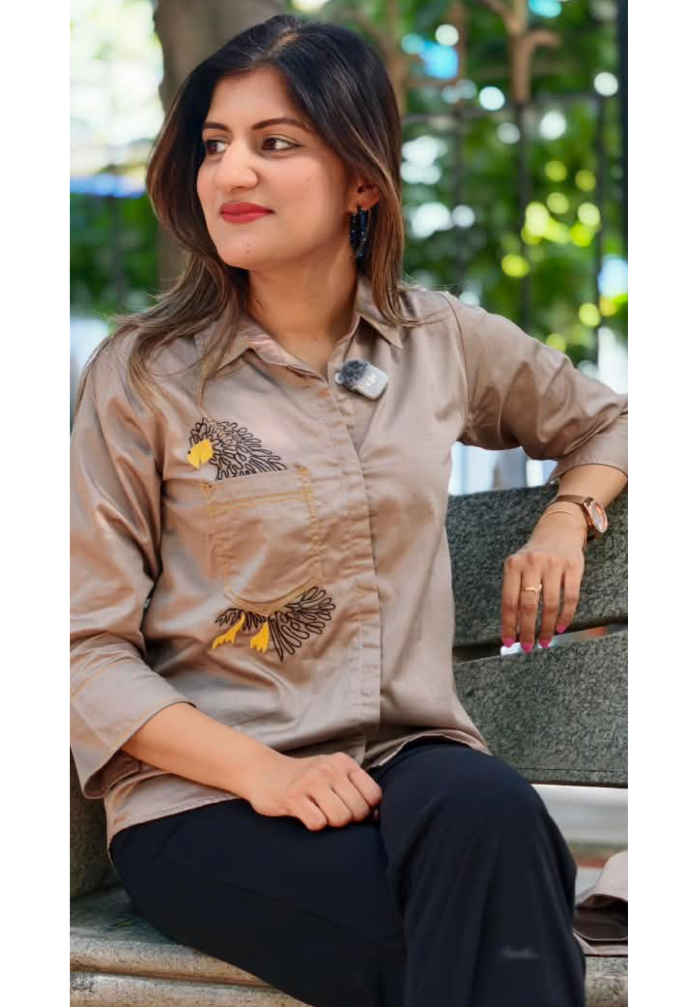 Taupe Mocha Brown Collared Button-Down Tunic Shirt with Embroidered Eagle Chest Pocket Detail- 16119