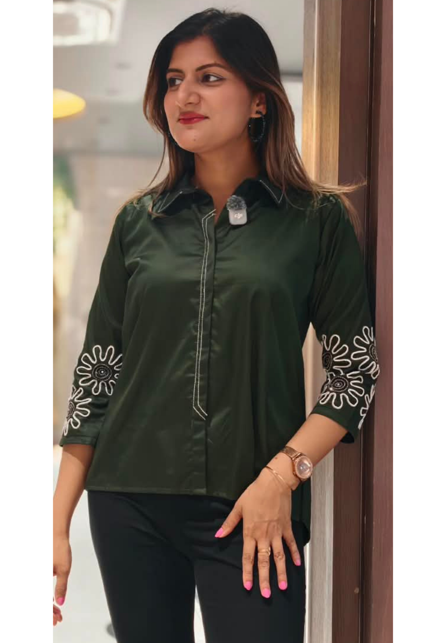 Dark Green Collared High-Low Tunic Shirt with White Contrast Stitching & Floral Sunburst Sleeve Embroidery- 16117