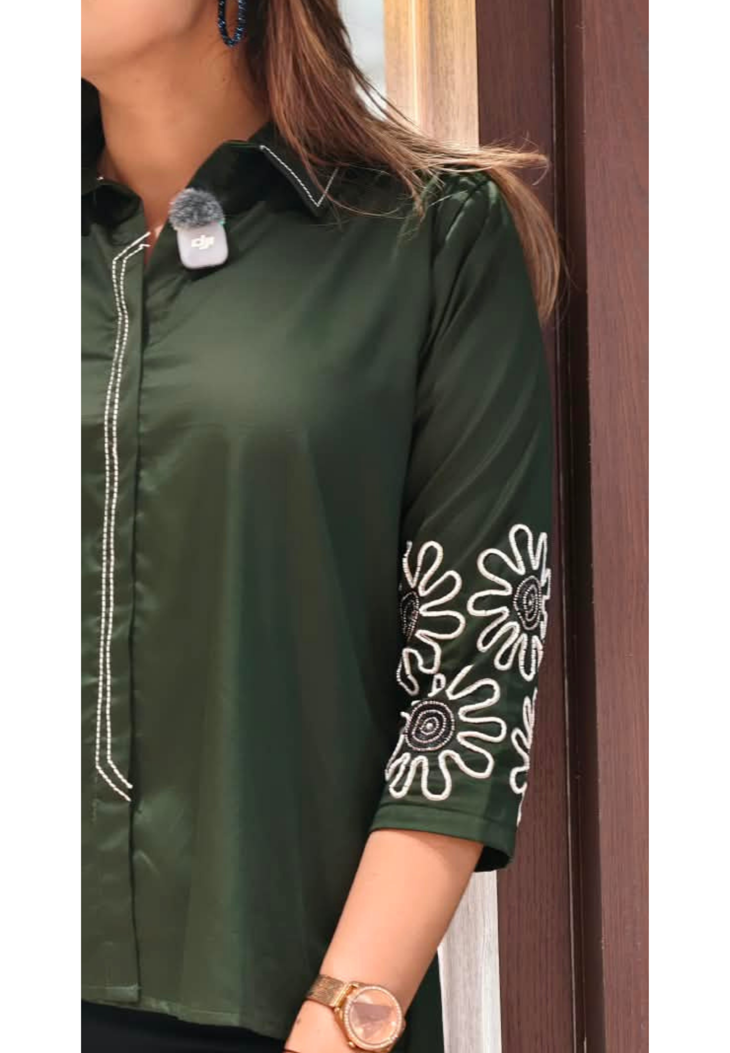 Dark Green Collared High-Low Tunic Shirt with White Contrast Stitching & Floral Sunburst Sleeve Embroidery- 16117