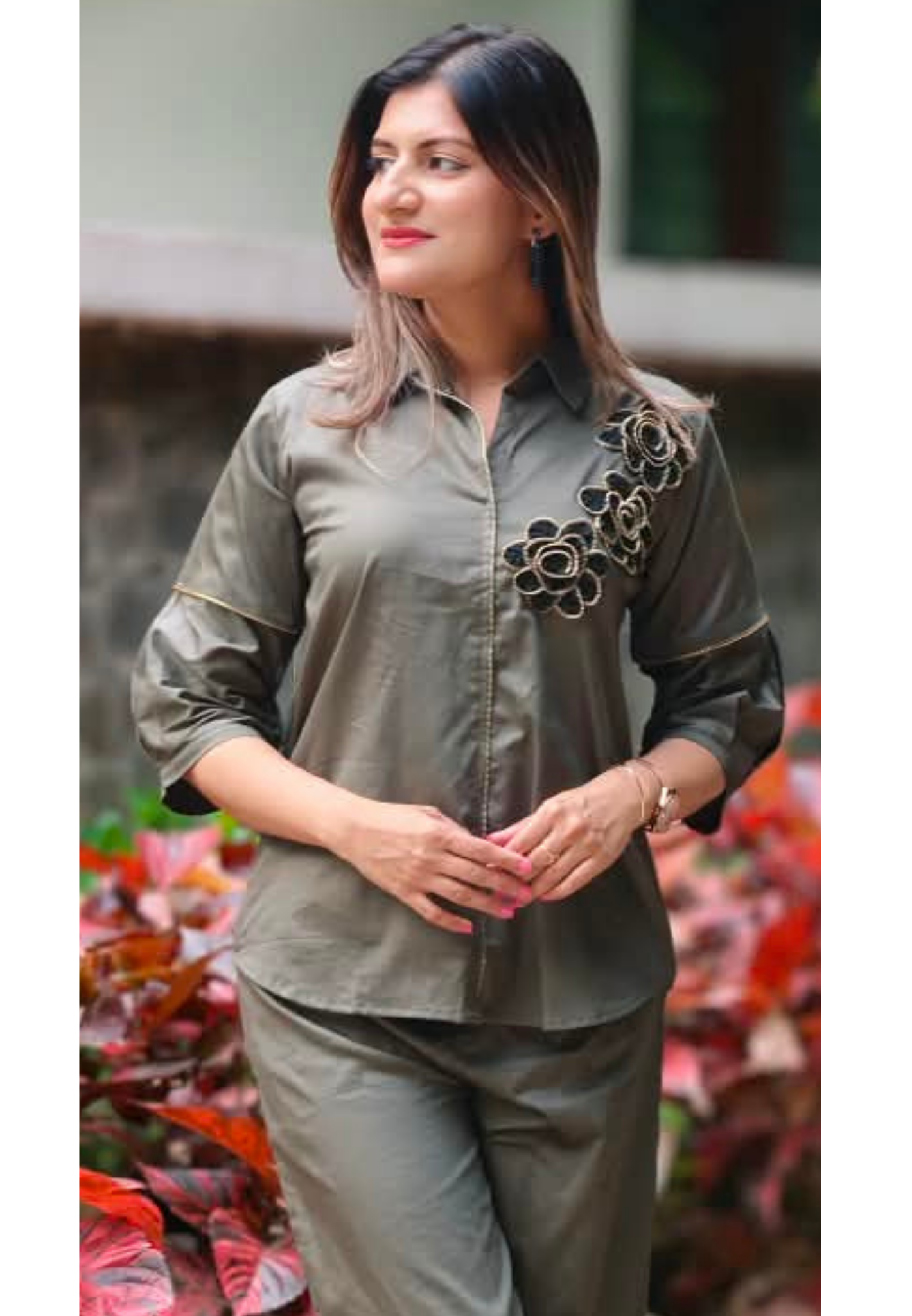 Collared Shirt and Trouser Co-ord Set with Unique Coil-Zipper Floral Embroidery Details- 16110