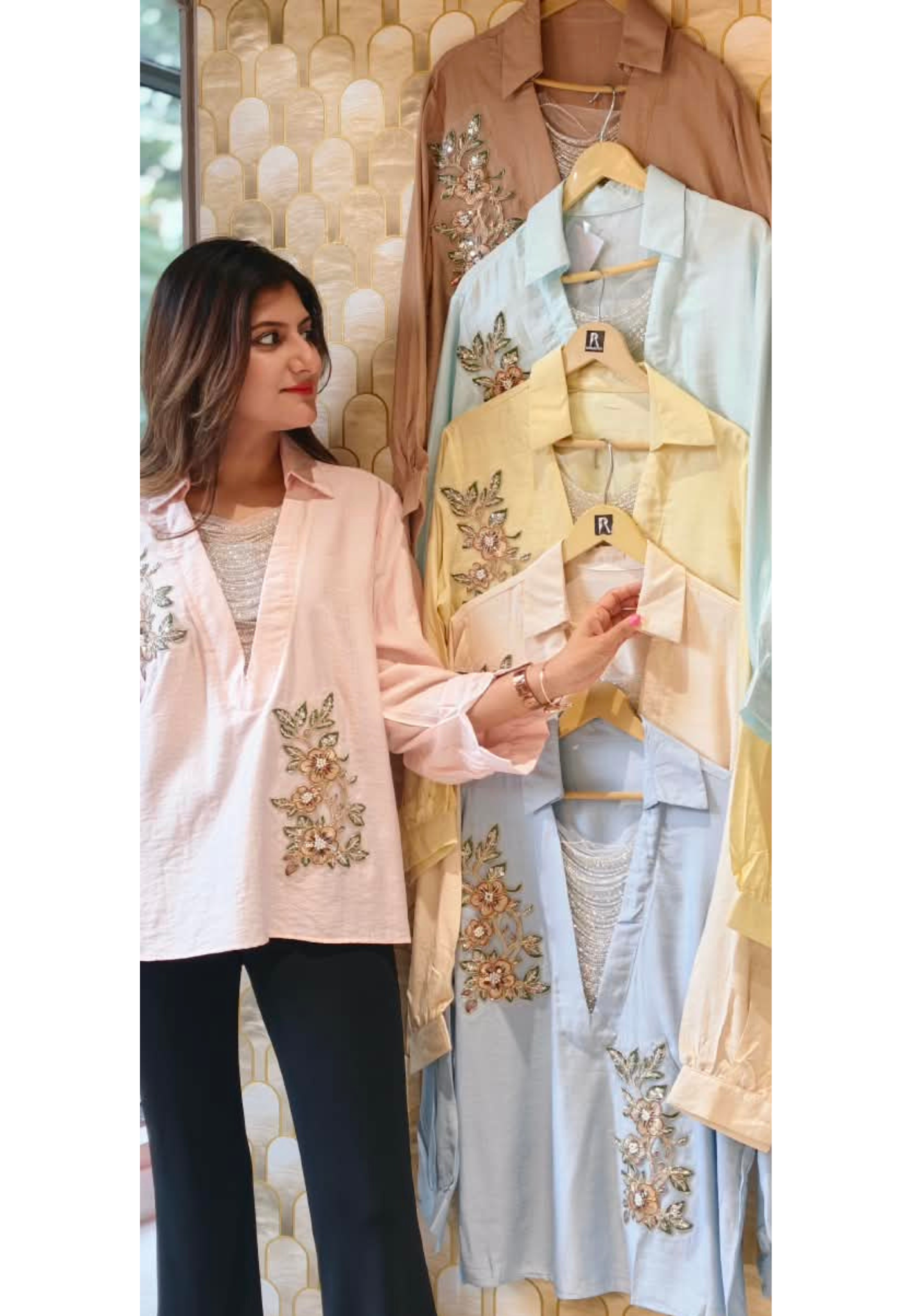 Elegant Floral Embroidery Patched Shimmer Jewel Imported Western Only Top- 16164