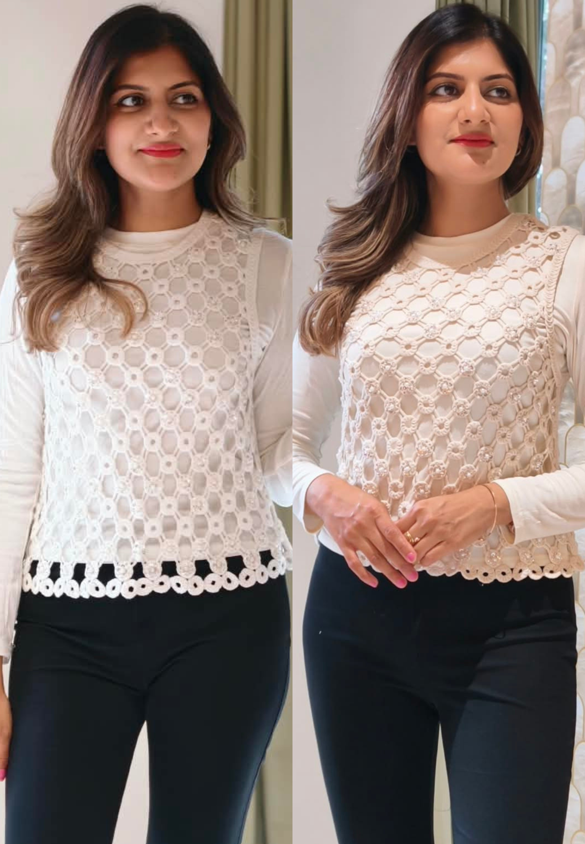White Cream Crochet Vest Top Layered Over a Long-Sleeve Cream Base Top- 16177