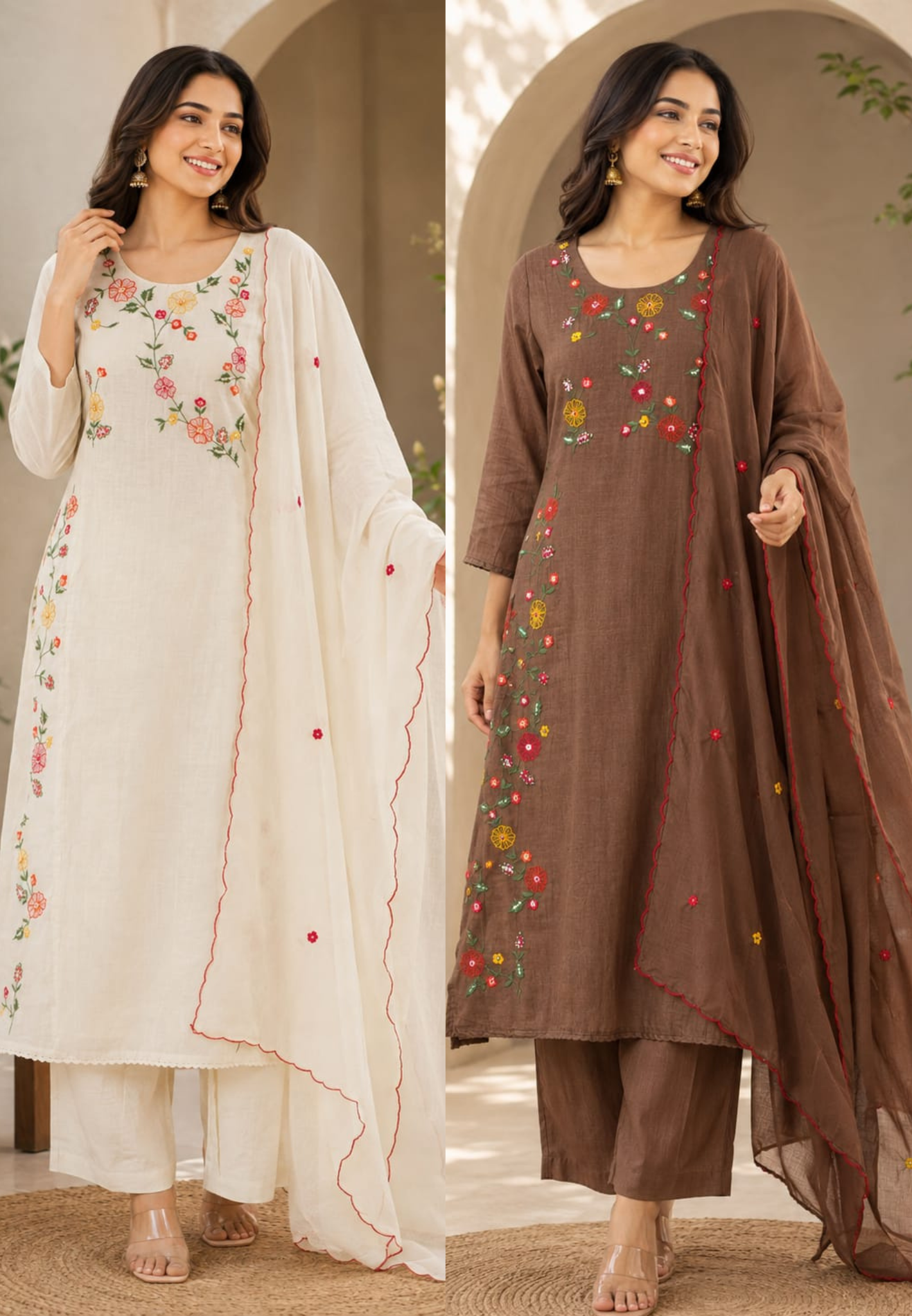 Spring Floral Gardenia Embroidered Banarasi Mul-Chanderi A-Line Full Suit Set With Dupatta- 16218