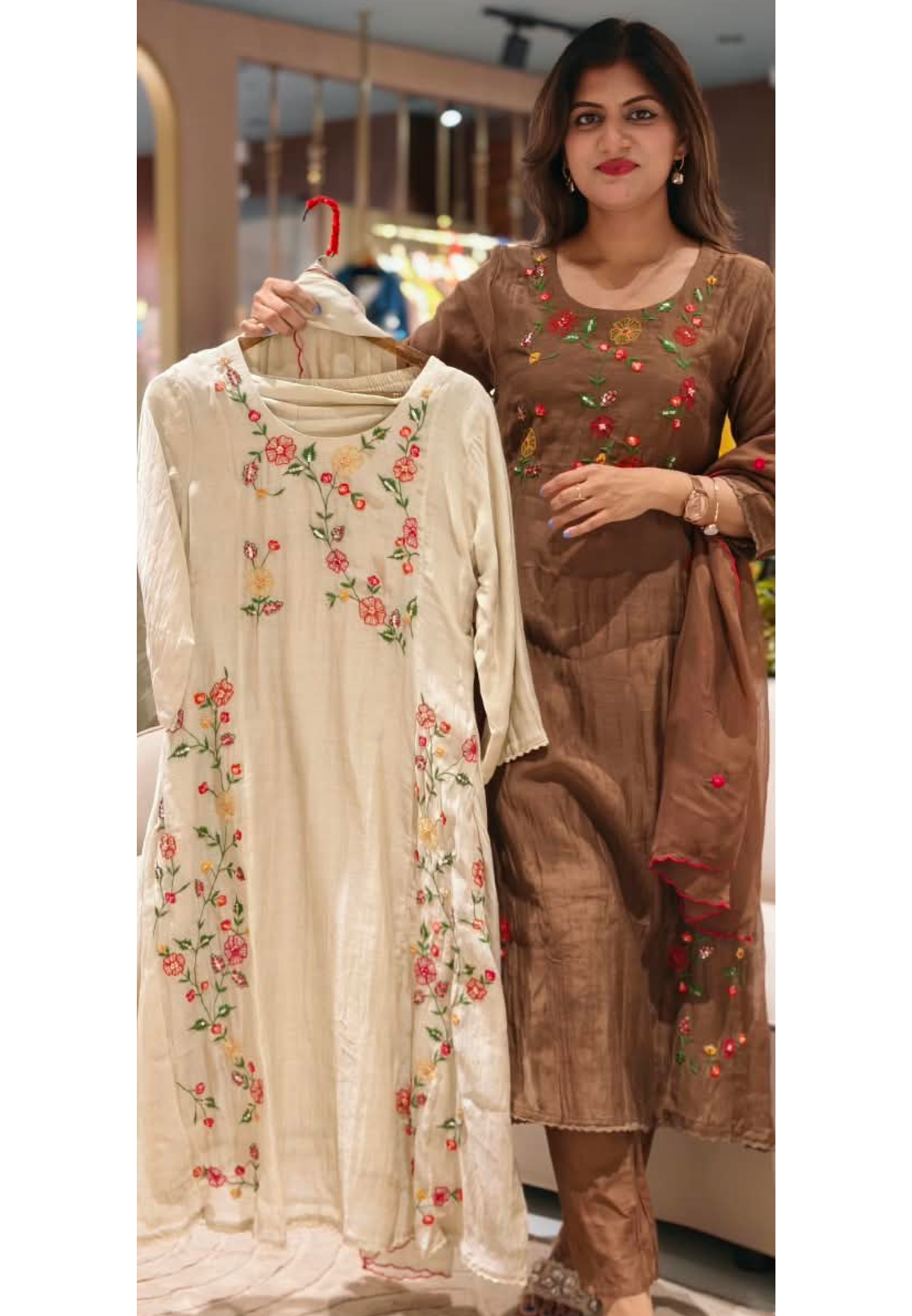 Spring Floral Gardenia Embroidered Banarasi Mul-Chanderi A-Line Full Suit Set With Dupatta- 16218
