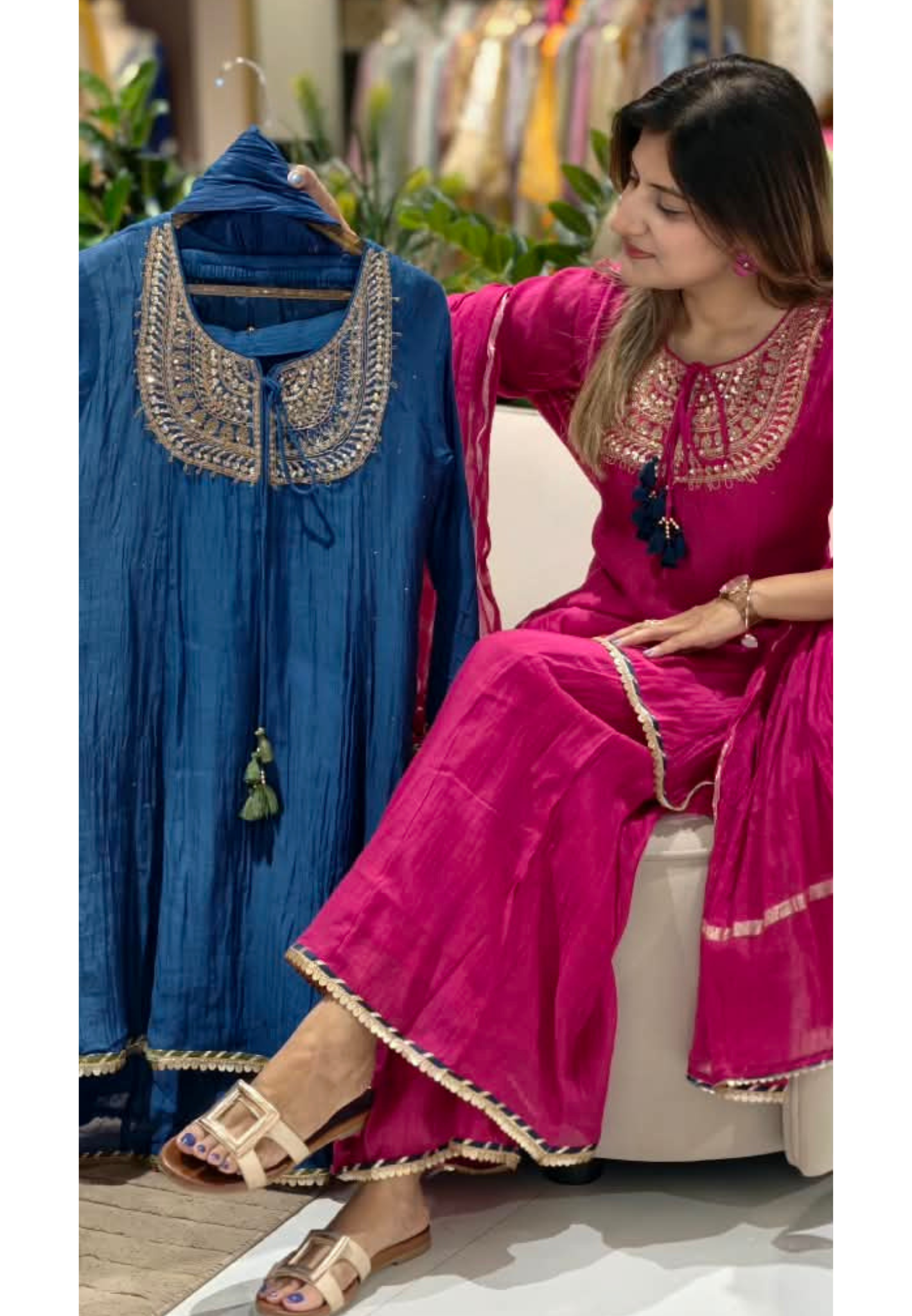 Heavy Embroidered Yoke With Tassel Accent Pure Mul-Chanderi A-Line Full Suit Set With Dupatta- 15802