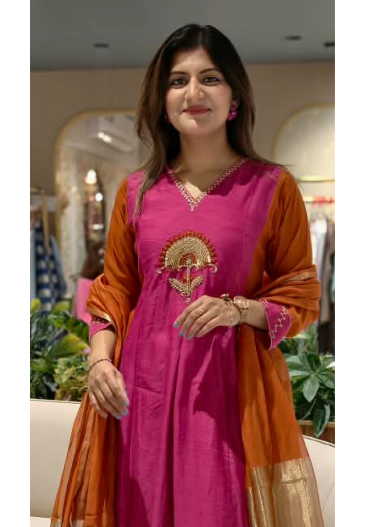 Vibrant Fuschia Rust Combination Sun-Inspired Embroidery Mul-Chanderi A-Line Full Suit Set With Dupatta- 16075