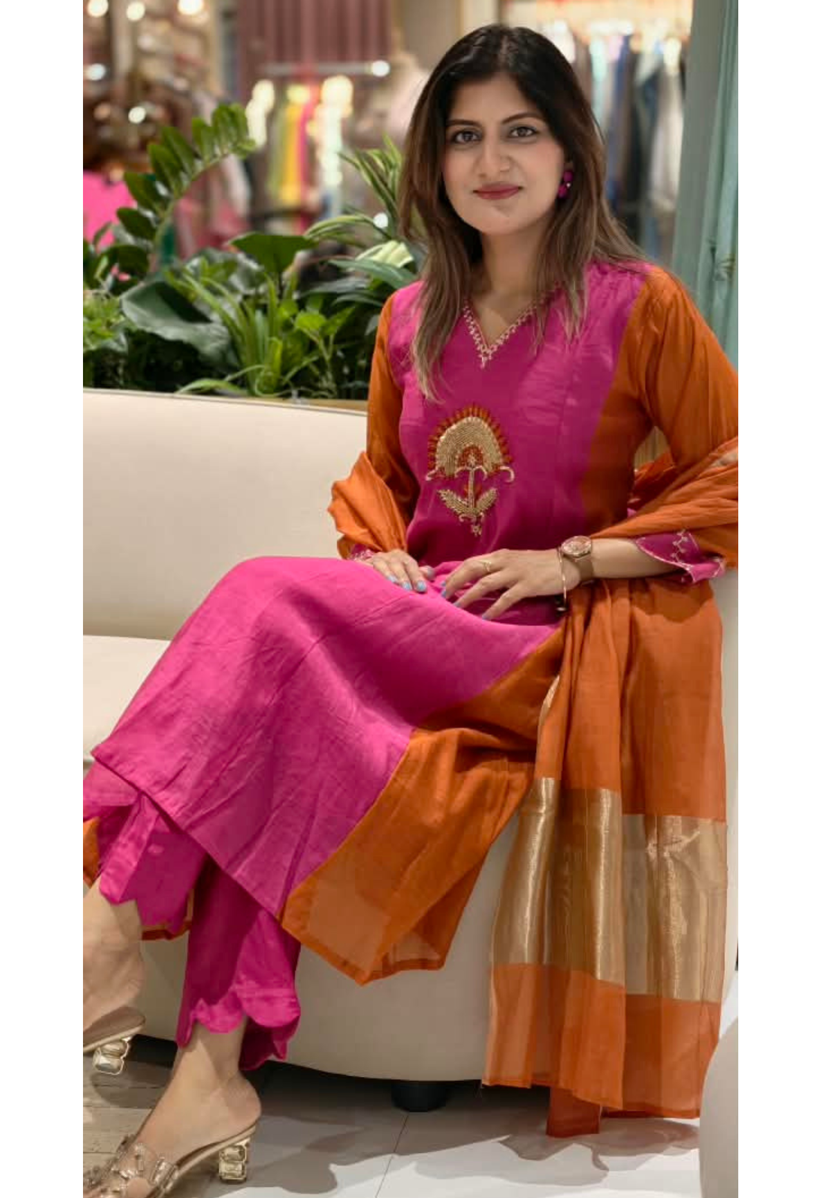 Vibrant Fuschia Rust Combination Sun-Inspired Embroidery Mul-Chanderi A-Line Full Suit Set With Dupatta- 16075