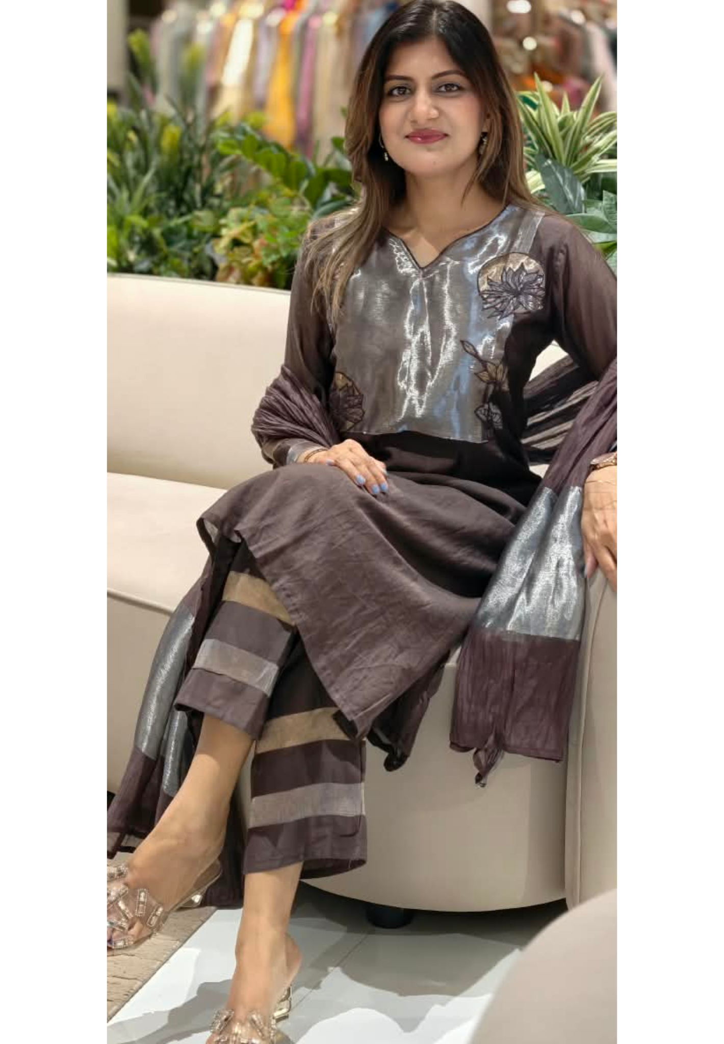 Metallic Floral Applique Yoke Coffee Pallete Banarasi Mul-Chanderi A-Line Full Suit Set With Dupatta- 15988