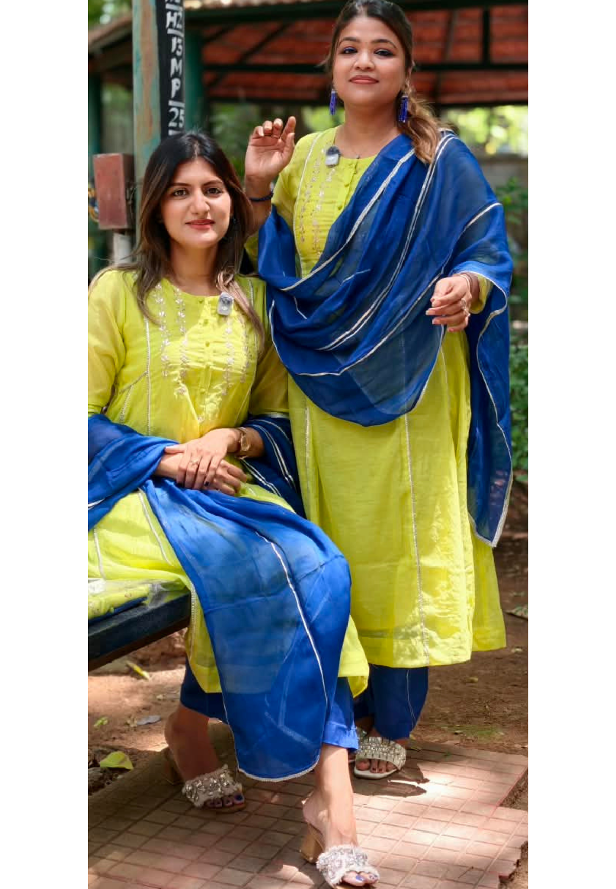 Twin Color Parrot Inspired Pure Chanderi A-Line Full Suit Set With Organza Dupatta- 16248
