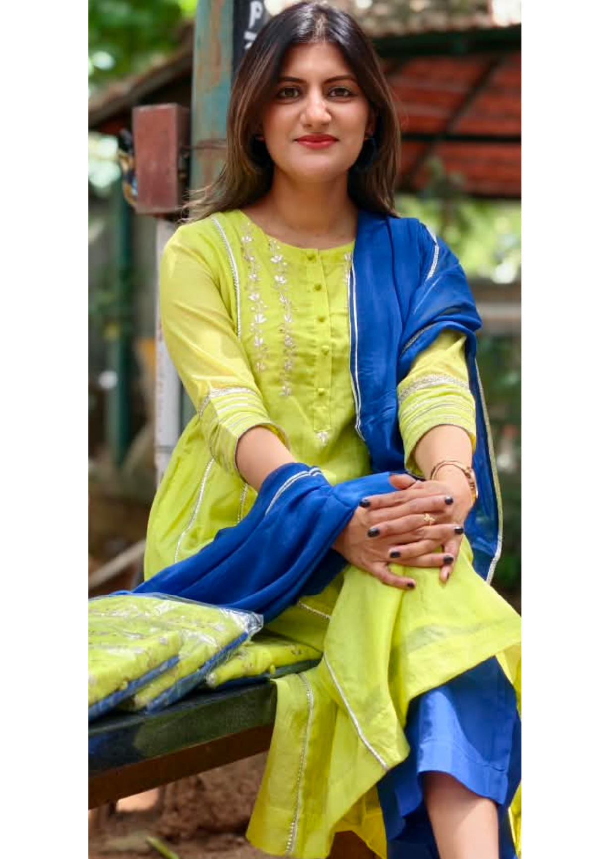 Twin Color Parrot Inspired Pure Chanderi A-Line Full Suit Set With Organza Dupatta- 16248