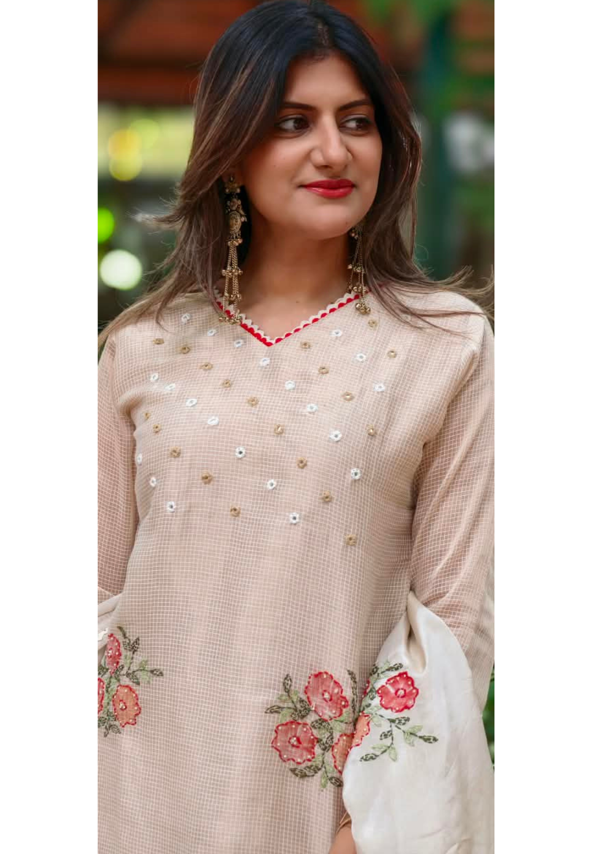 Kota Tissue Intricate Floral Embroidered Checks Shiny Full Suit Set With Dupatta- 16243