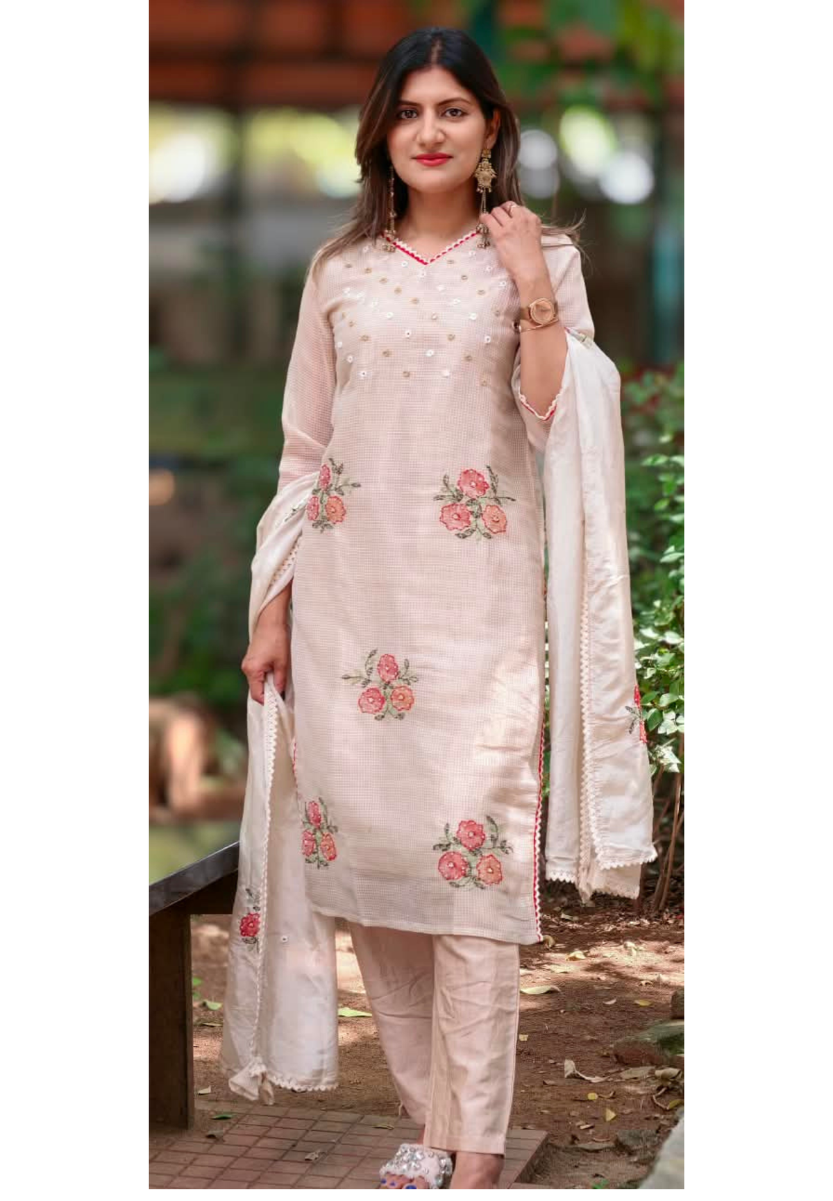 Kota Tissue Intricate Floral Embroidered Checks Shiny Full Suit Set With Dupatta- 16243