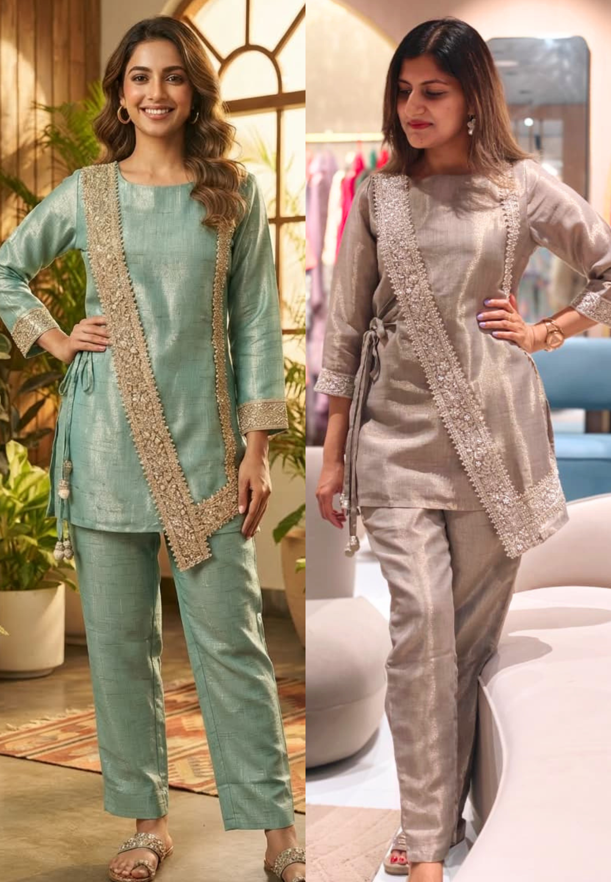 Ivory Over Lay Look Side Knotted Shimmer Embroidered Outline Premium Tissue Co-Ord Set- 15774