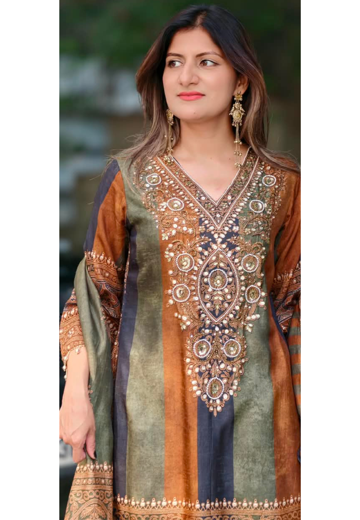 Designer Contrasted Bold Prints Heavy Latkans Elegance Russian Silk Full Suit Set With Farsi Bottom & Dupatta- 16247