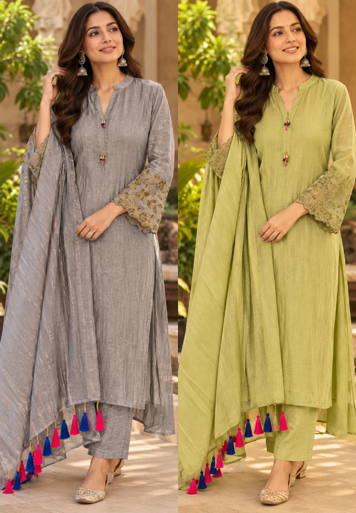 Minimal Elegant Beaded Broach Accent Neckline Crush Tissue Full Suit Set With Dupatta- 15707