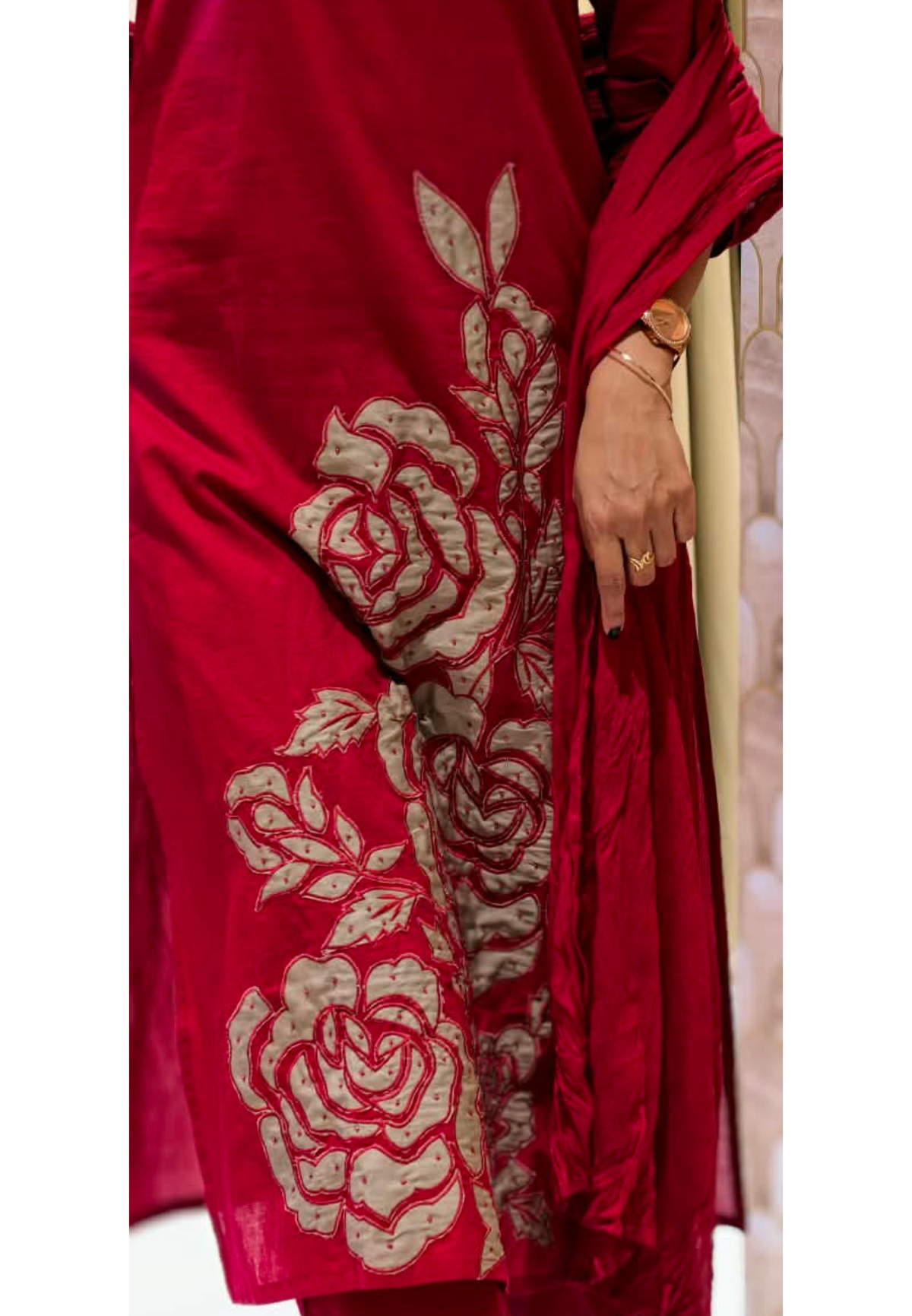 Rose Inspired Weavin Embroidery Solid Matching Cotton Straight Full Suit Set With Dupatta- 16122