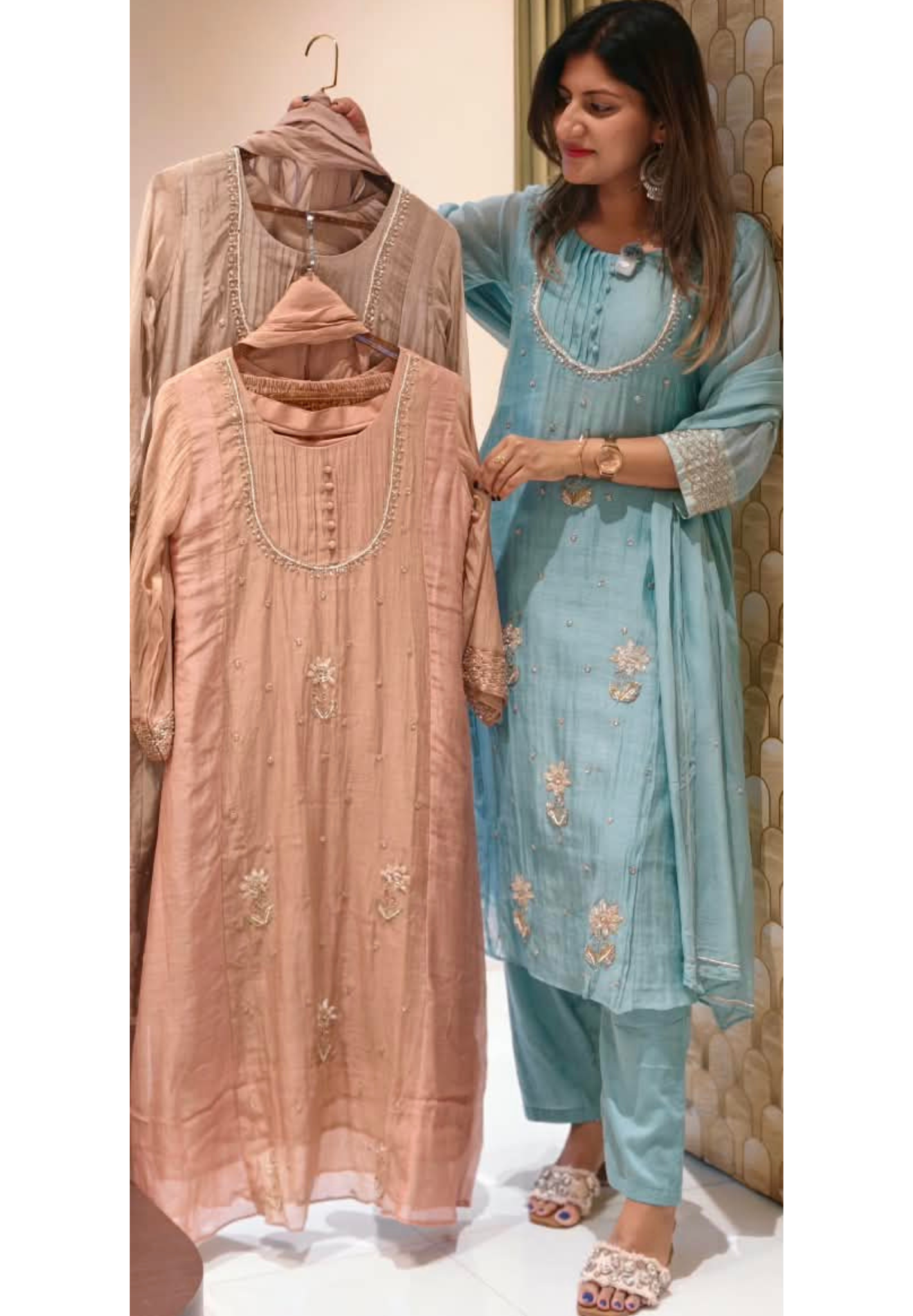 English Color Palette Suttle Work Beautiful A-Line Mul-Chanderi Full Suit Set With Dupatta-16220